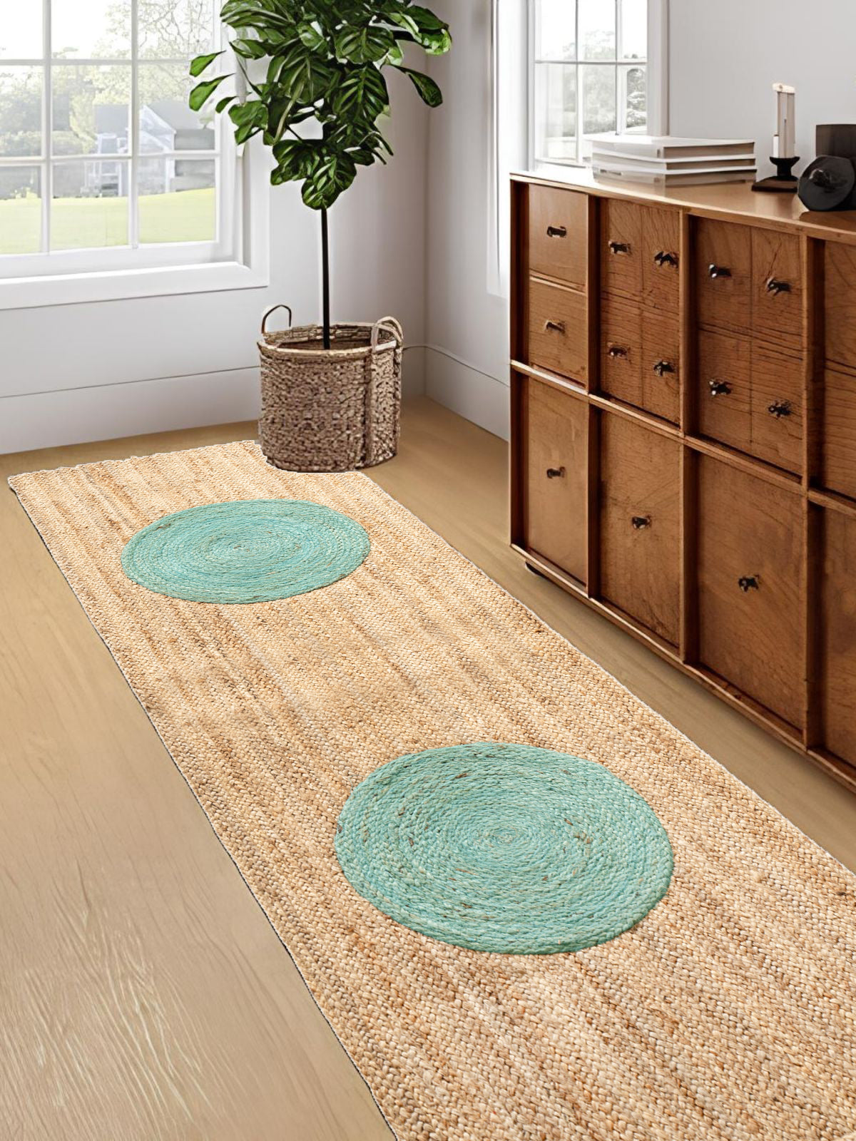 Lome Jute Runner Rug jute stair runner styled on a staircase in a designed interior