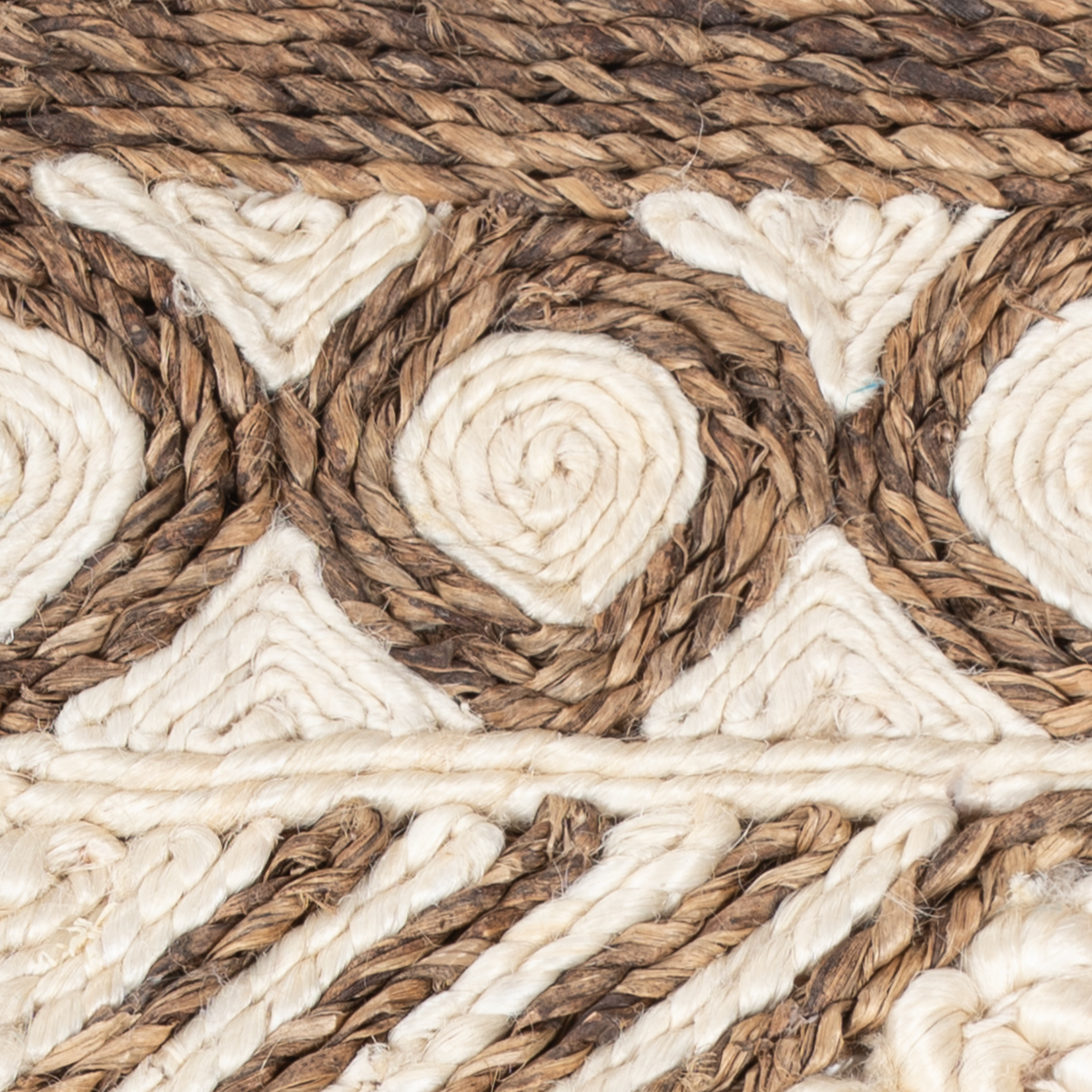 Looma : Scroll close-up showing the mixed fibre weave and geometric motif