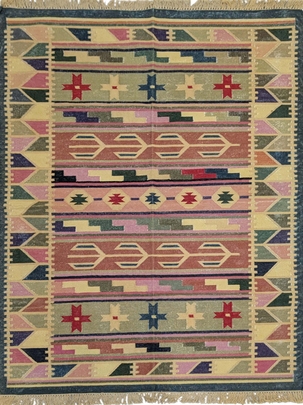Lost Caravan - Vintage Dhurrie cotton rug in multicoloured tones