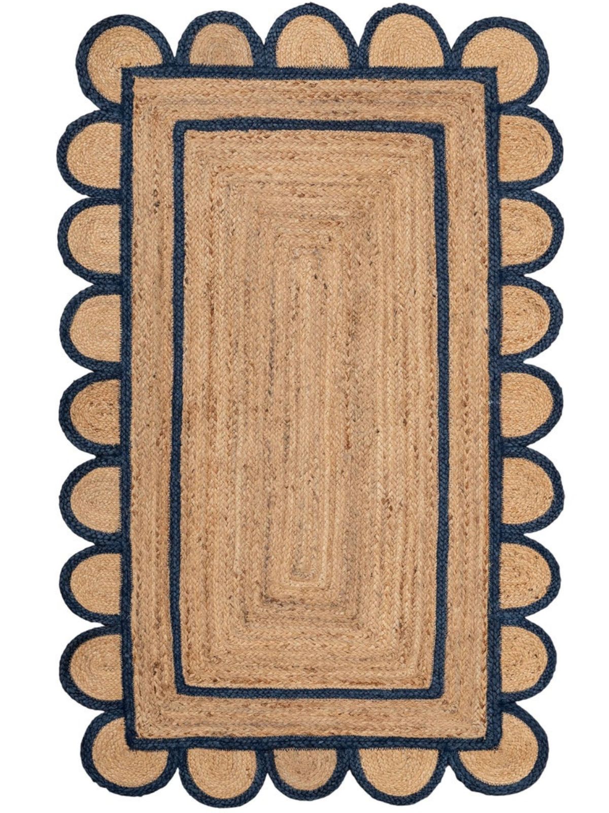 Luxor scalloped braided area rug-Navy cotton rug in blue tones