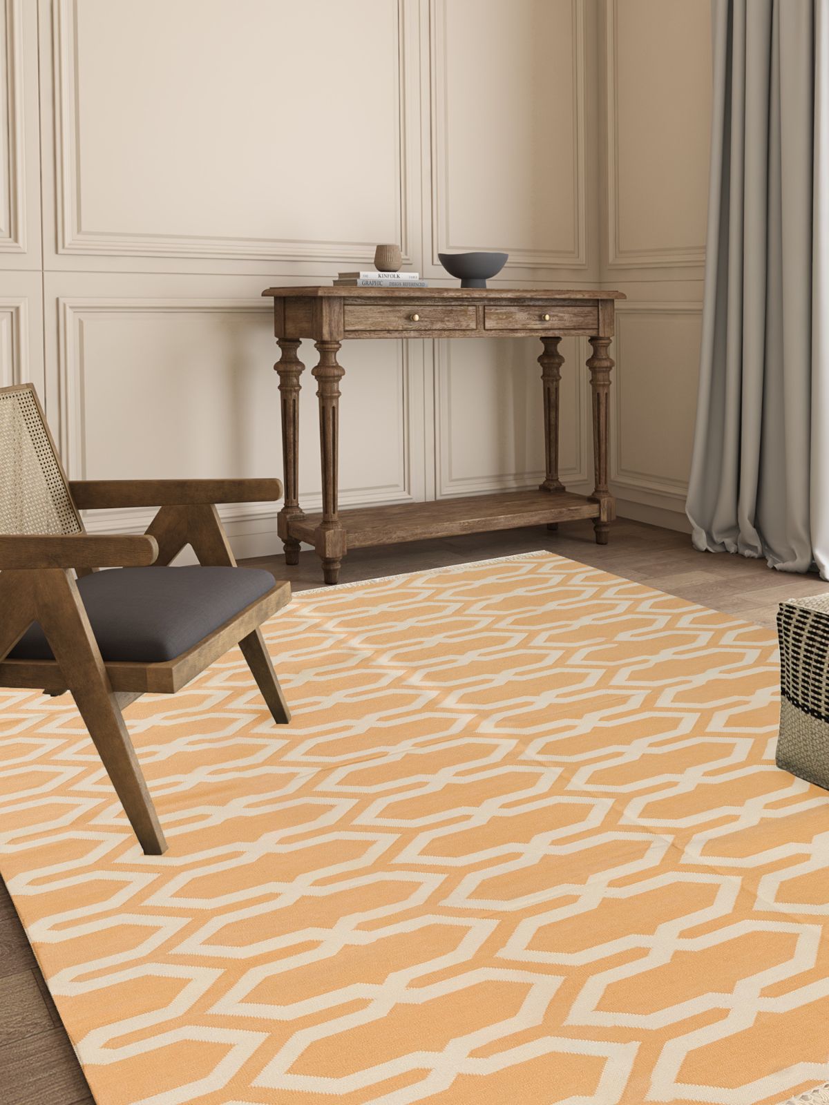 Majestic Marigold Moroccan Rug wool rug styled in a living room interior