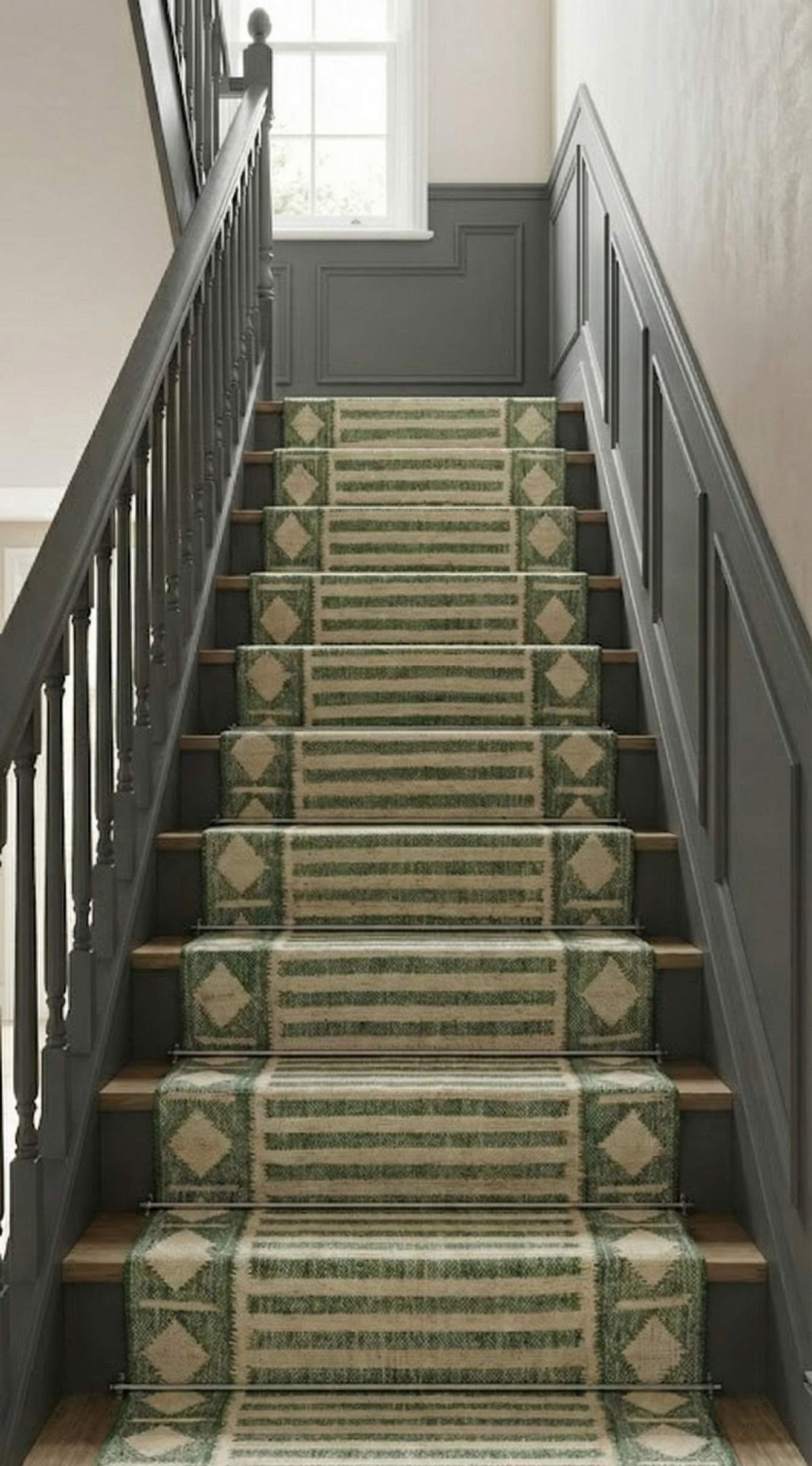 Malabar Coastal Jute Runner-Green jute stair runner styled on a staircase in a designed interior