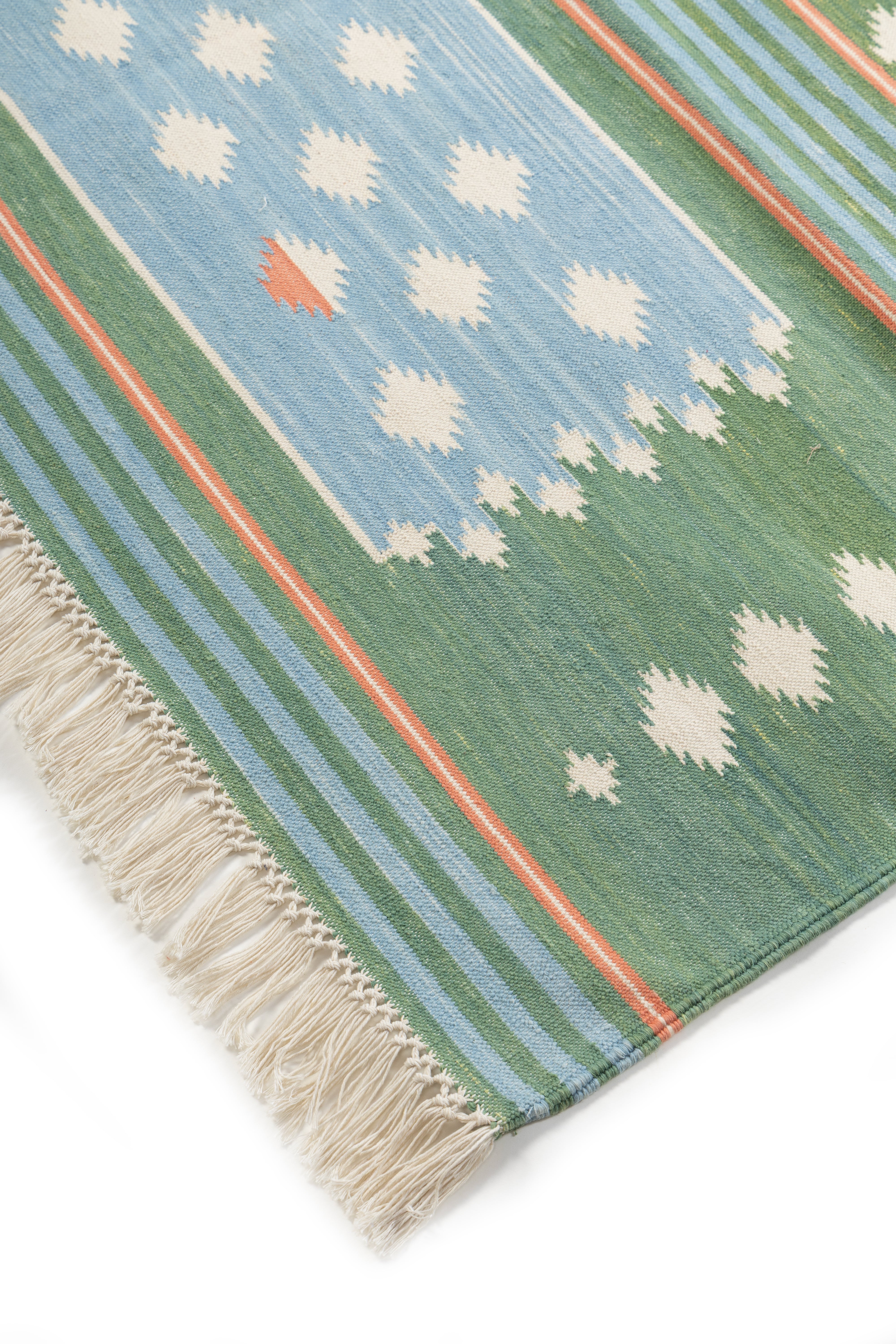 Meadow Mist Dhurrie Rug close-up showing the cotton weave and striped pattern