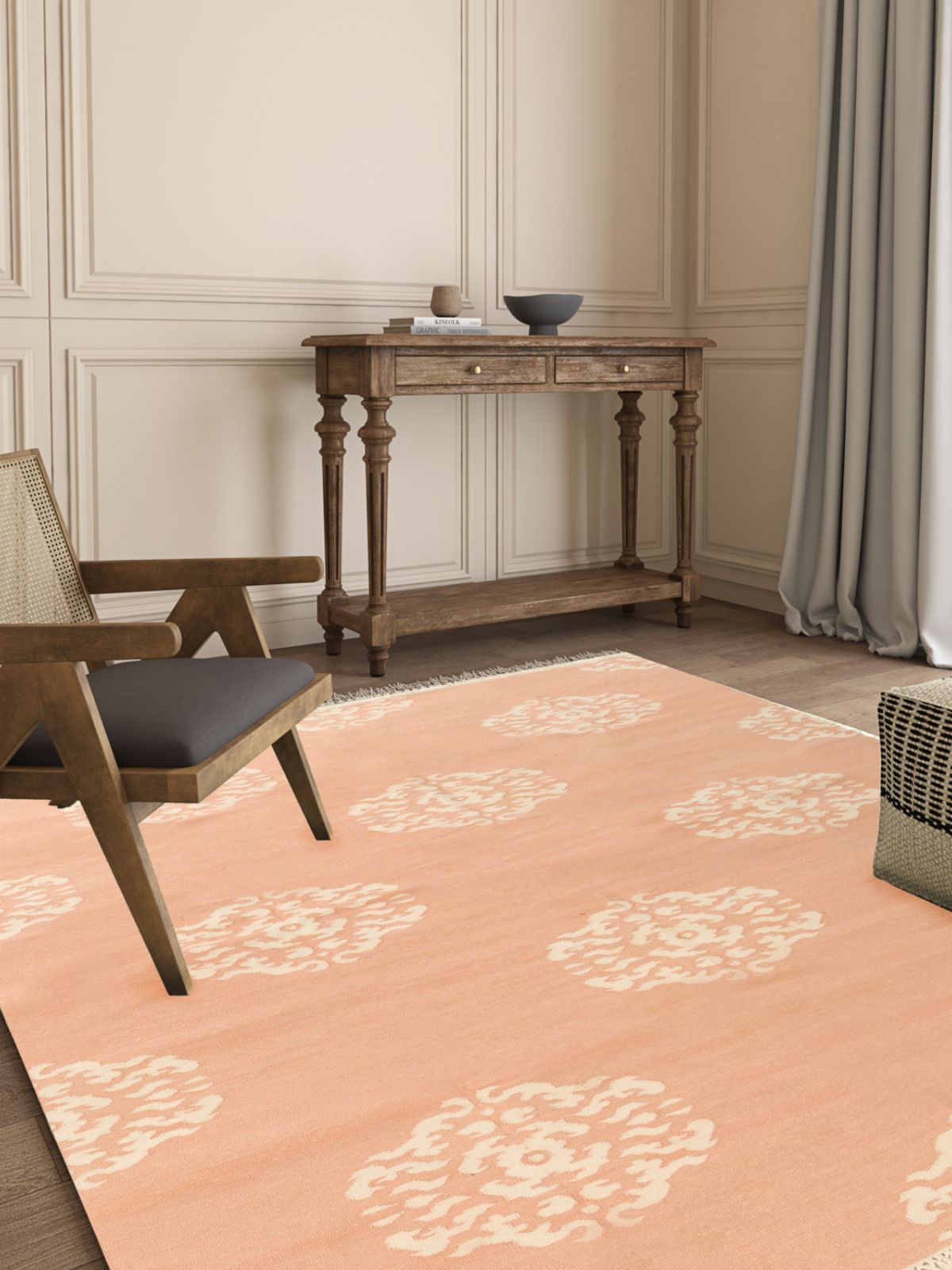 Medallion Flatweave rug-Peach cotton rug styled in a living room interior
