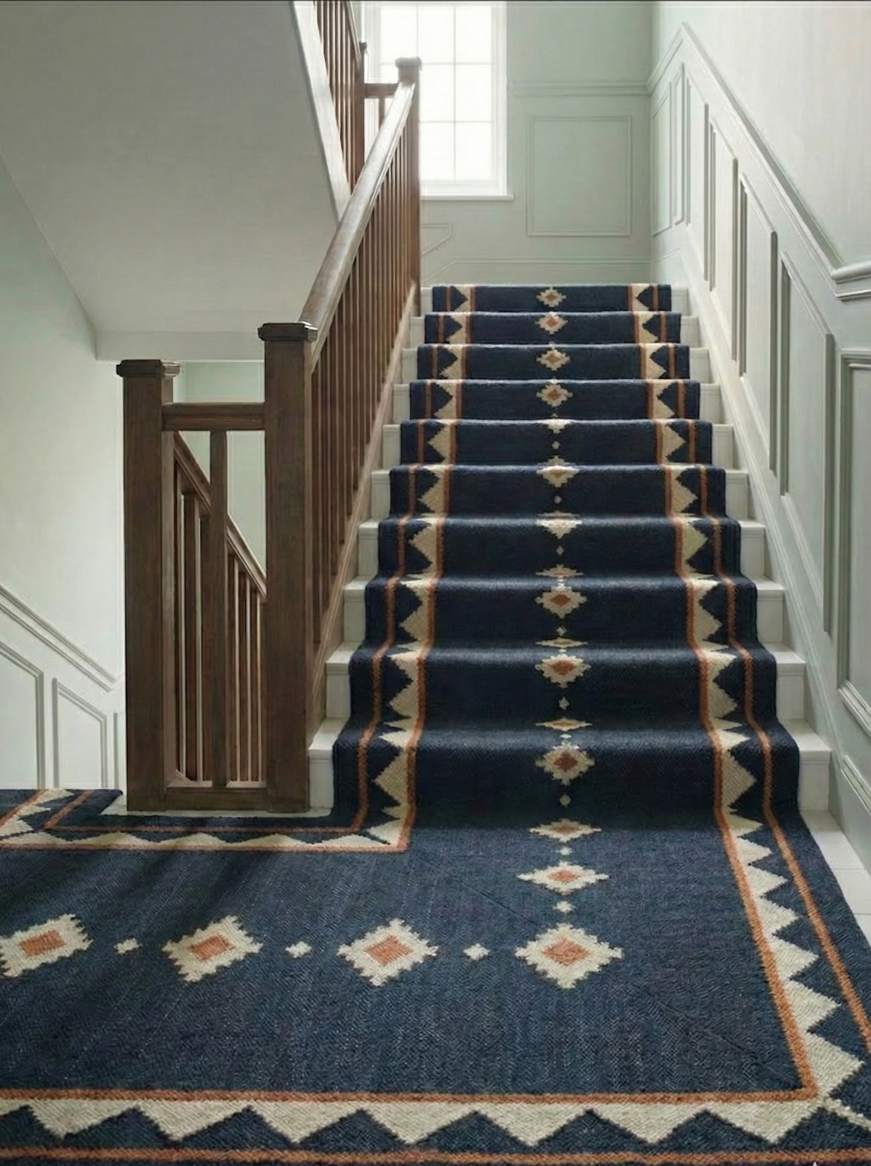 Midnight Ember Dhurrie Runner cotton stair runner styled on a staircase in a designed interior