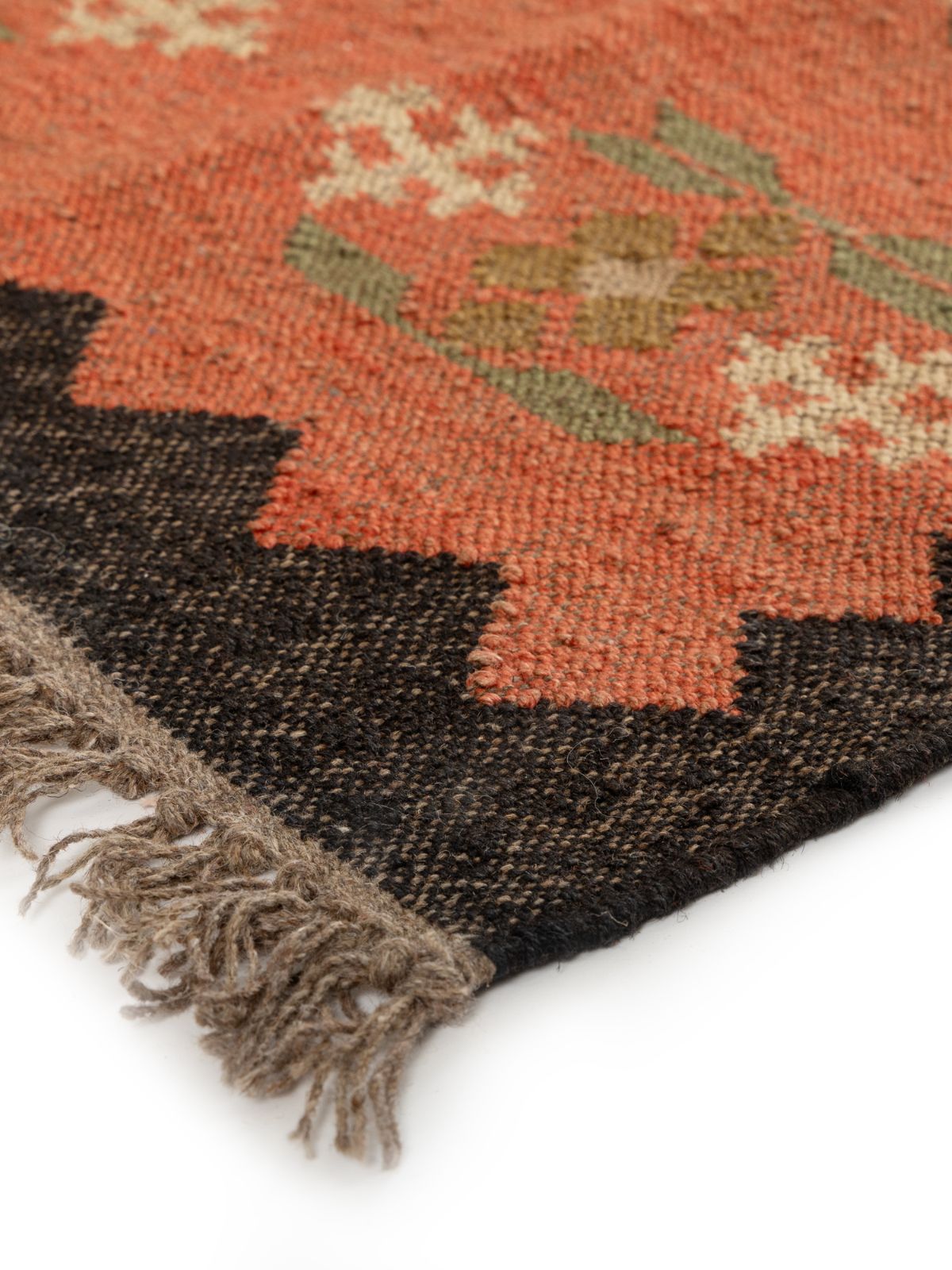Midnight garden flatweave Rug close-up showing the cotton pile and floral motif