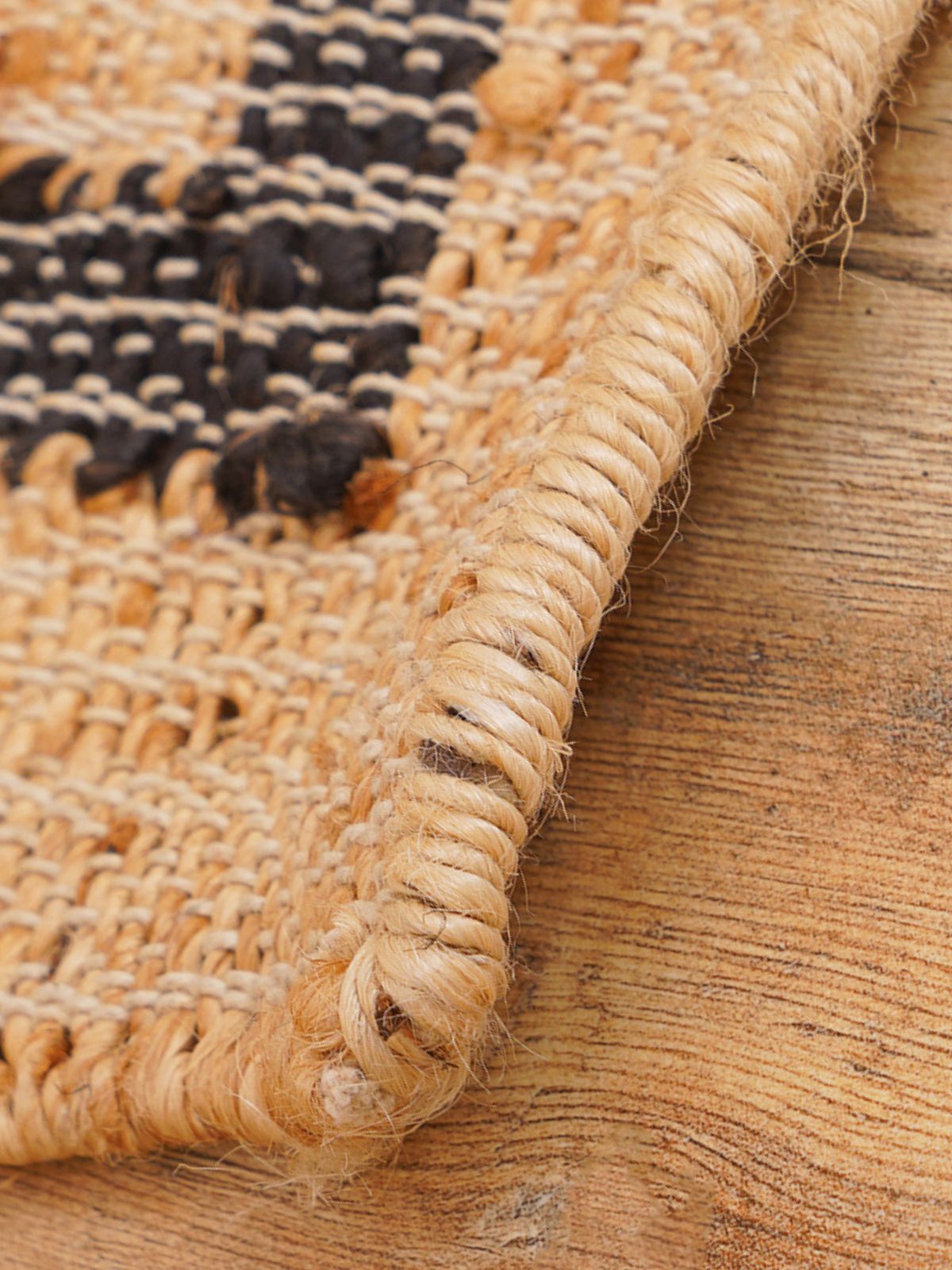 Midnight Mirage Jute Rug detail of the geometric pattern in jute