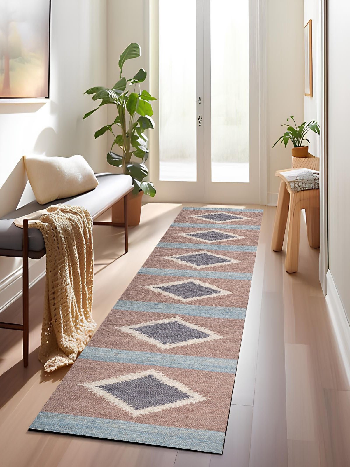 Misty Diamond Horizon Runner wool stair runner styled on a staircase in a designed interior