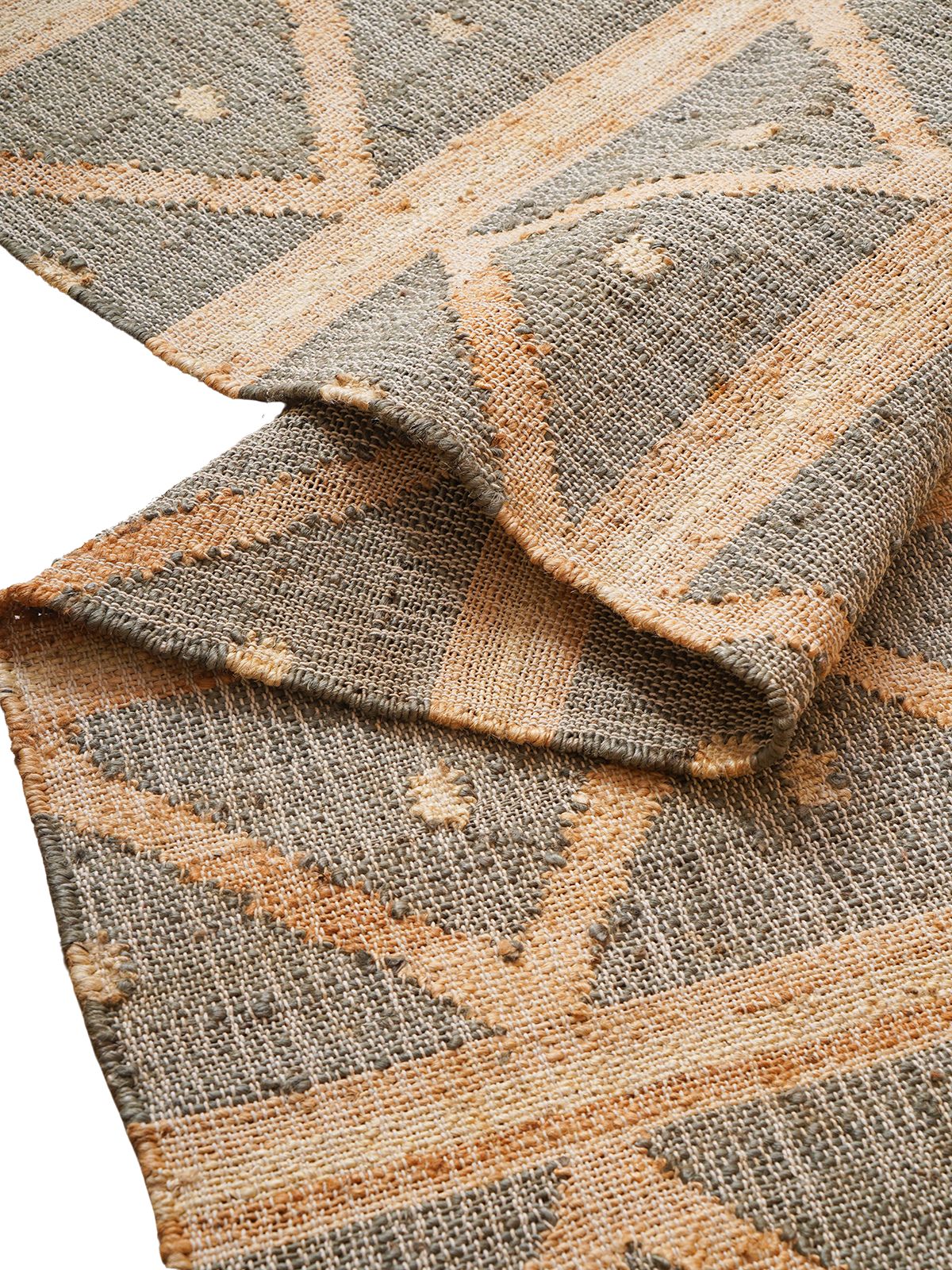 Modern Handcrafted Geometric Rug detail of the geometric pattern in jute