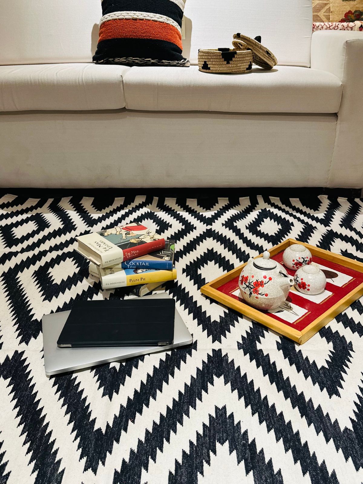 Monochrome Majesty Flatweave Rug close-up showing the cotton weave and geometric motif
