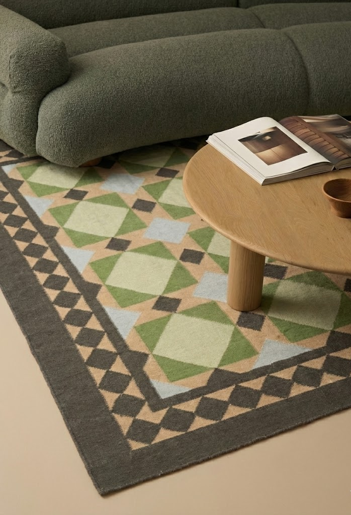 Mosaic Meadow Wool Rug-Sage wool rug styled in a living room interior