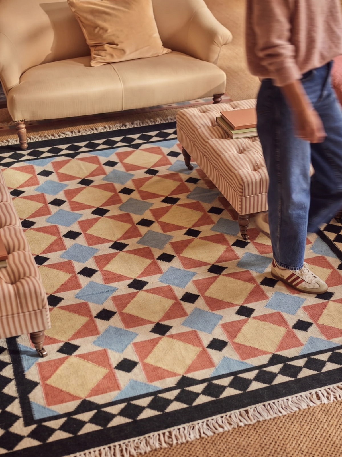 Mosaic Meadow Wool Rug - Wheat wool rug styled in a designed interior