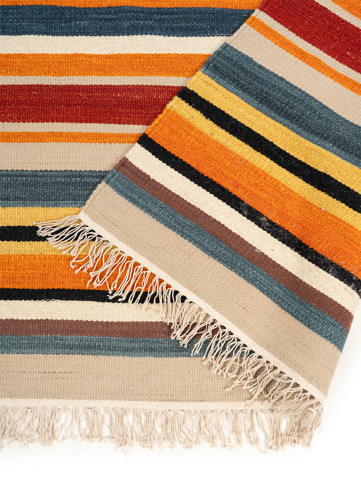 Multi-Stripe Wool Flatweave Rug detail of the striped wool surface and edge finishing
