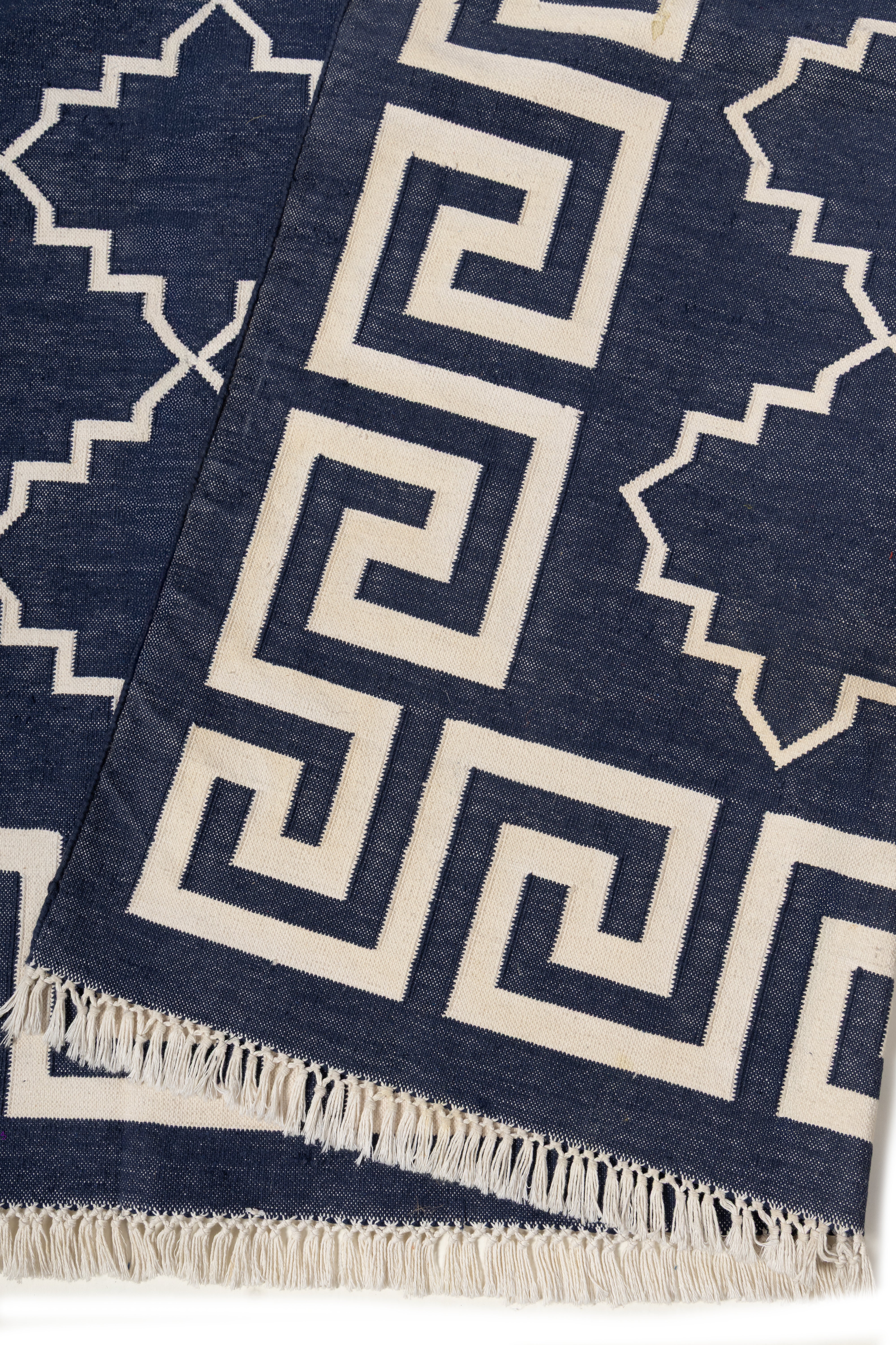 Nautical Jali Flatweave rug-Navy detail of the geometric pattern in cotton