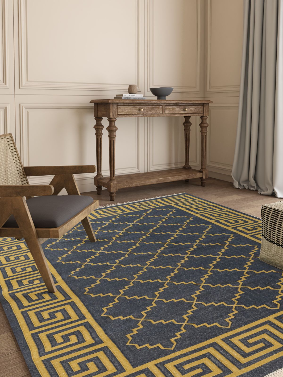 Nautical Jali Flatweave rug cotton rug styled in a living room interior