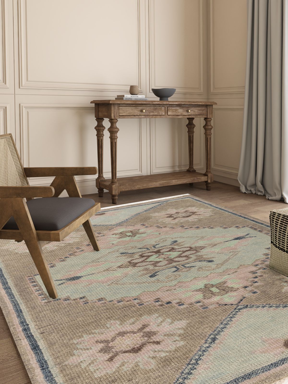 Navy Haven Turkish Hand-Knotted Rug nz wool rug styled in a living room interior