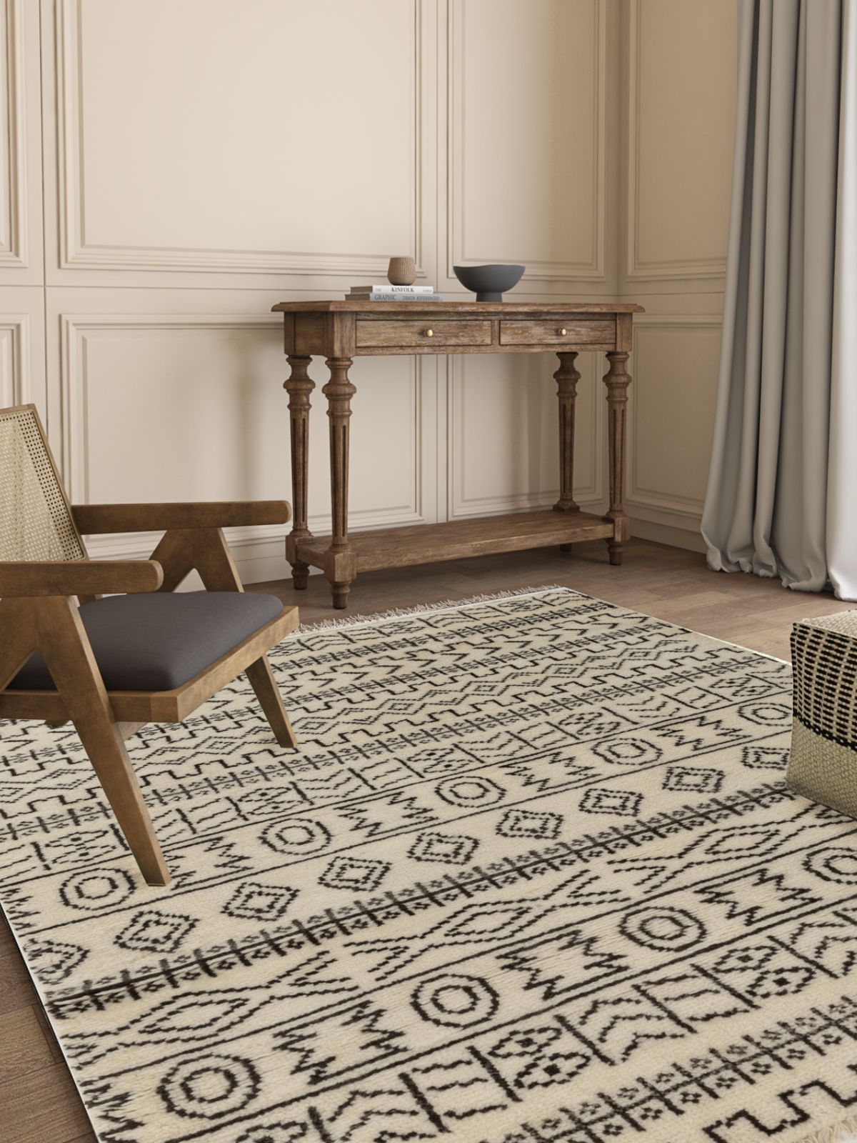 Nomad Noir Hand-Knotted Tribal Rug wool rug styled in a living room interior