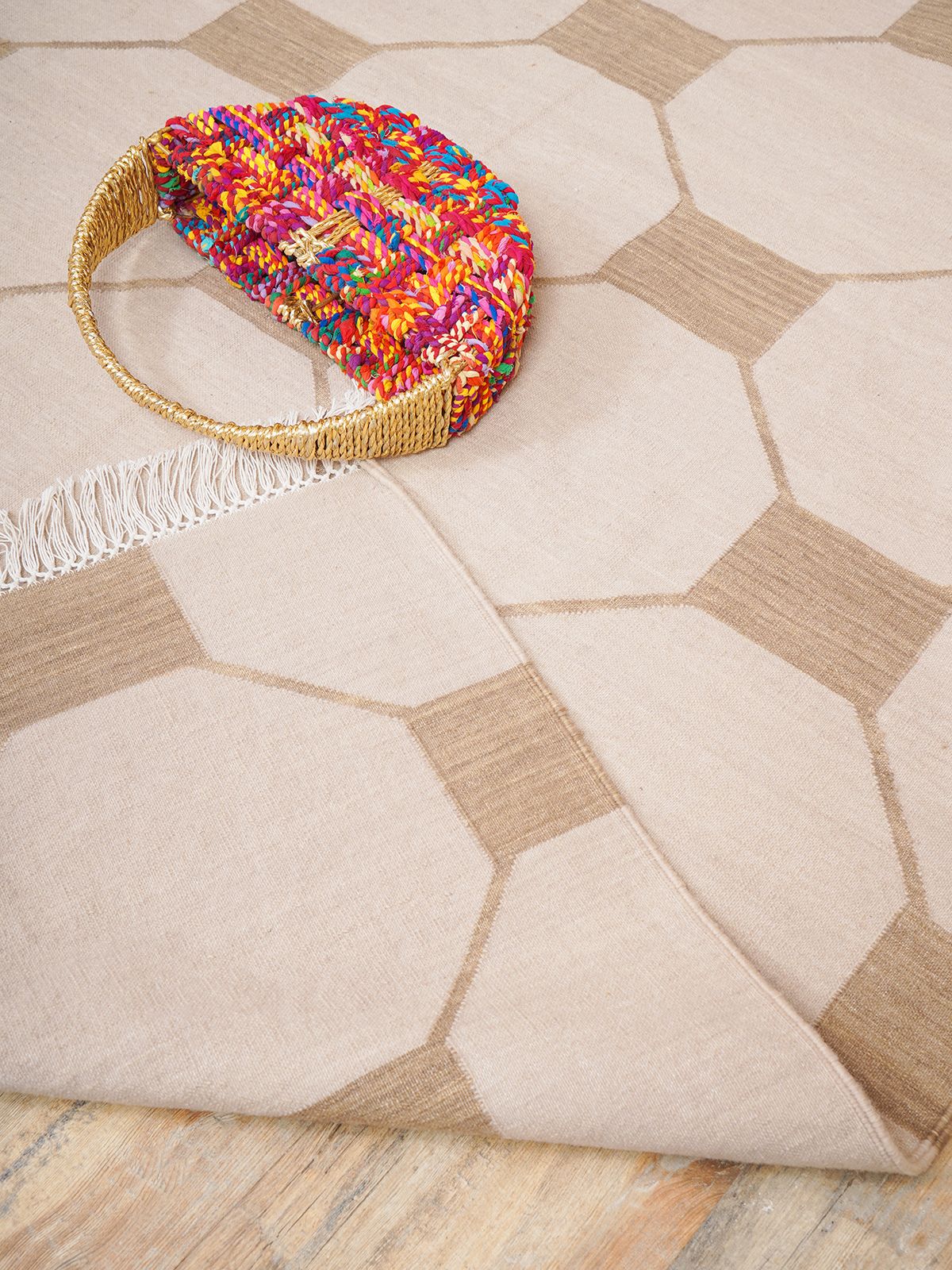 Octagonal Tapestry Wool Rug-beig-additional product view showing the  rug