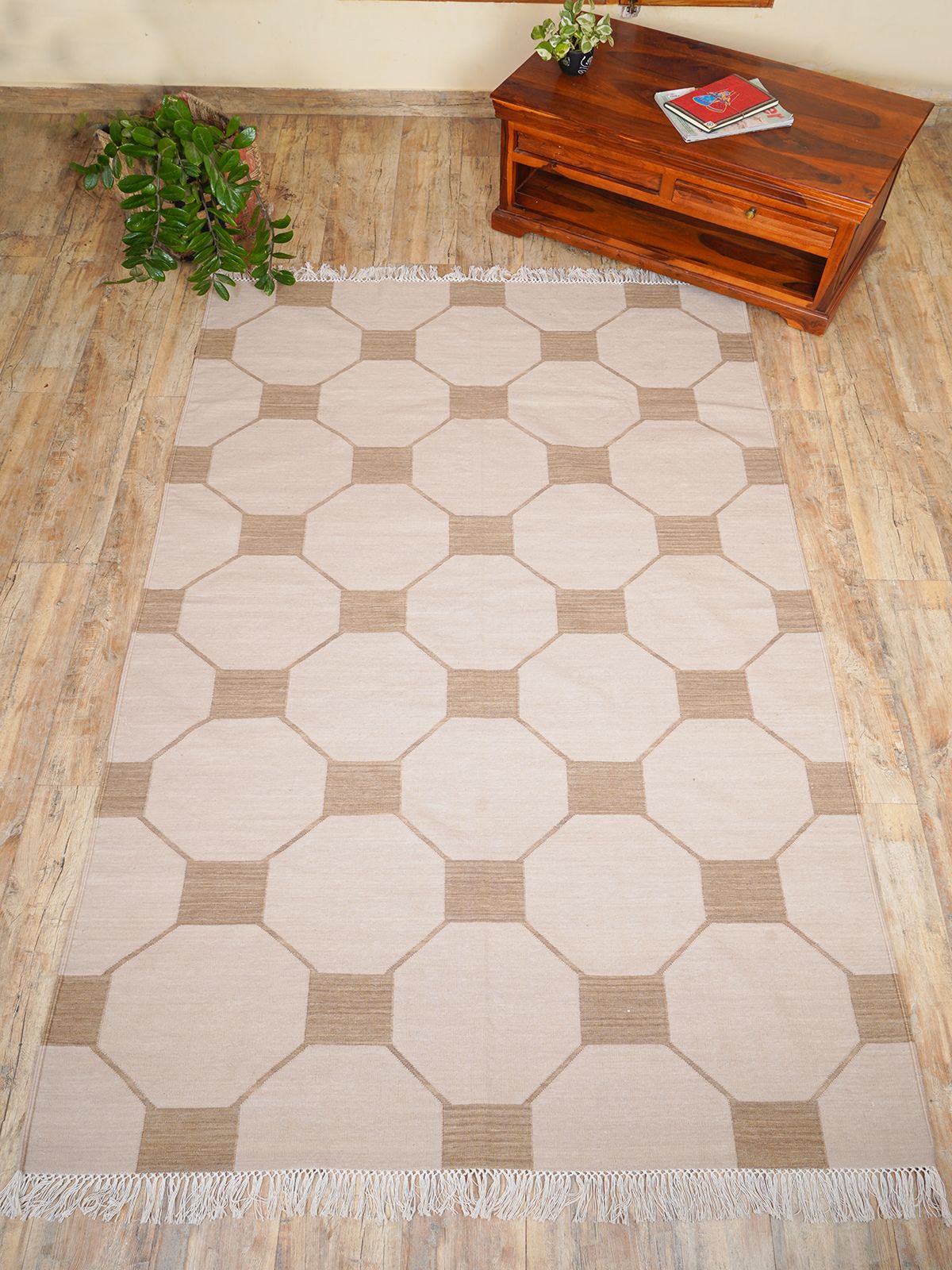 Octagonal Tapestry Wool Rug-beige wool rug styled in a living room interior with timber and linen