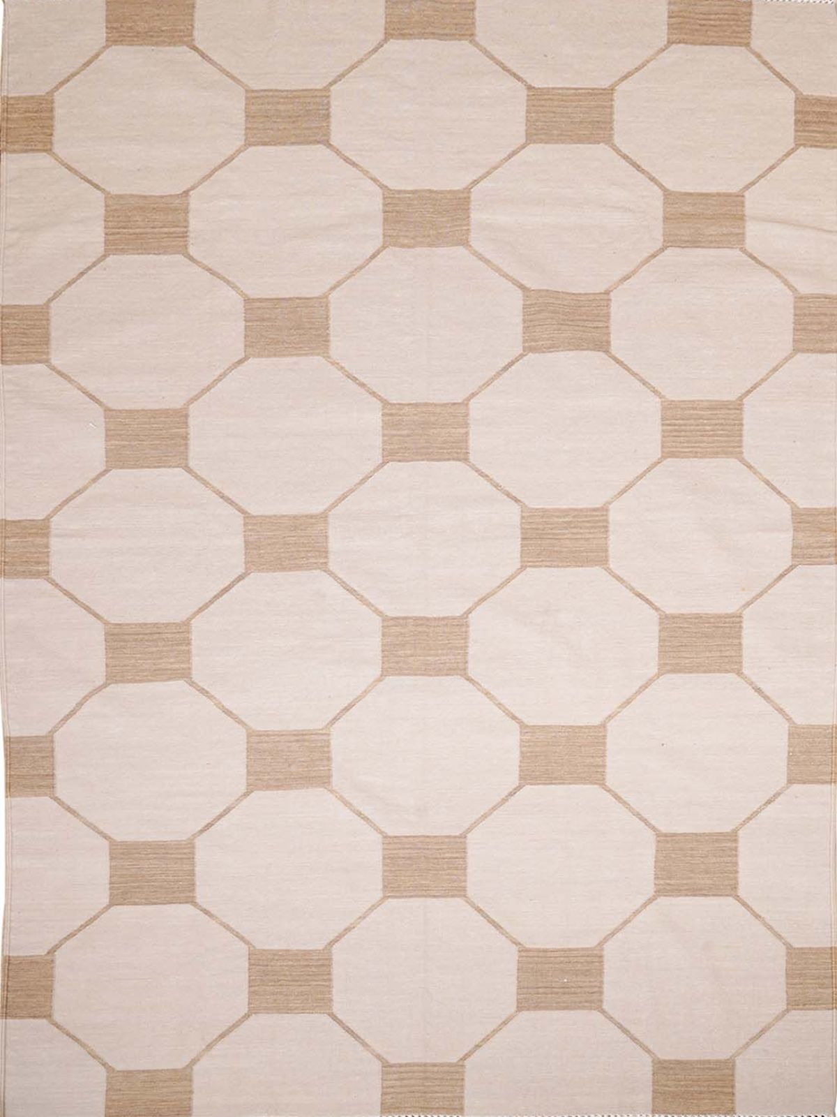 Octagonal Tapestry Wool Rug-beige wool rug in neutral tones, overhead view