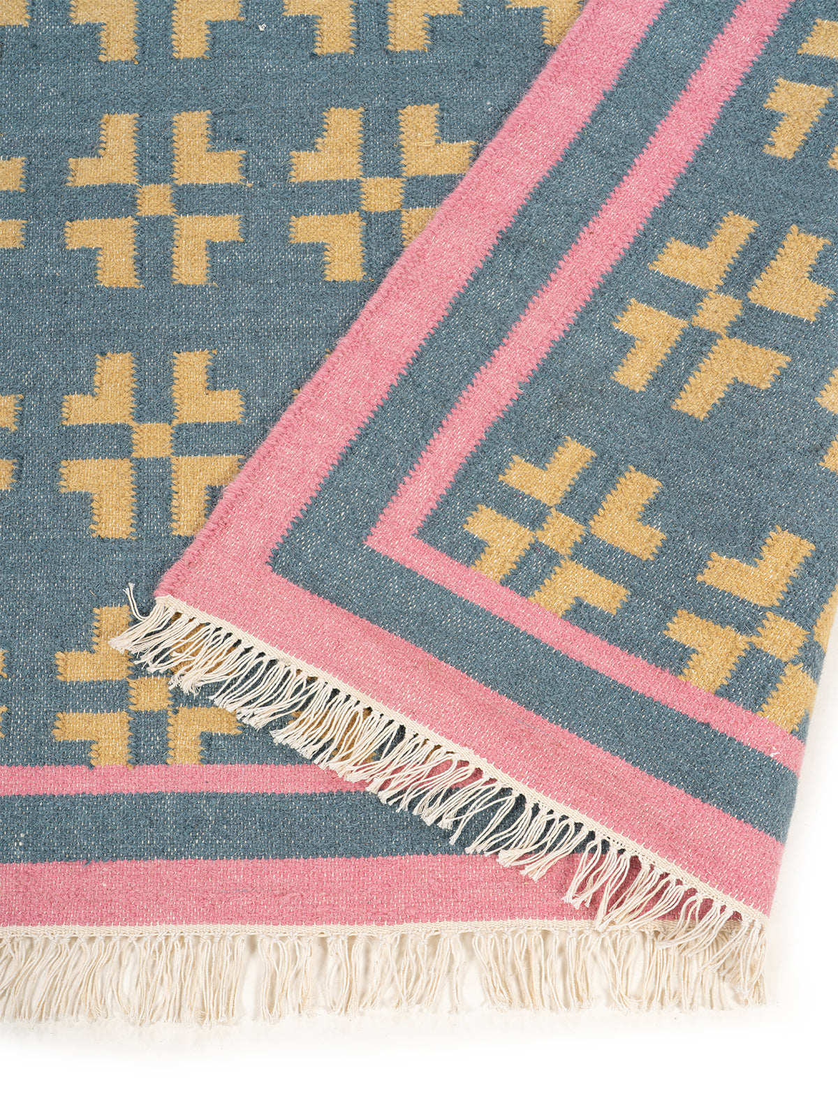 Pastel Cross Motif Flatweave Rug detail of the geometric pattern in wool