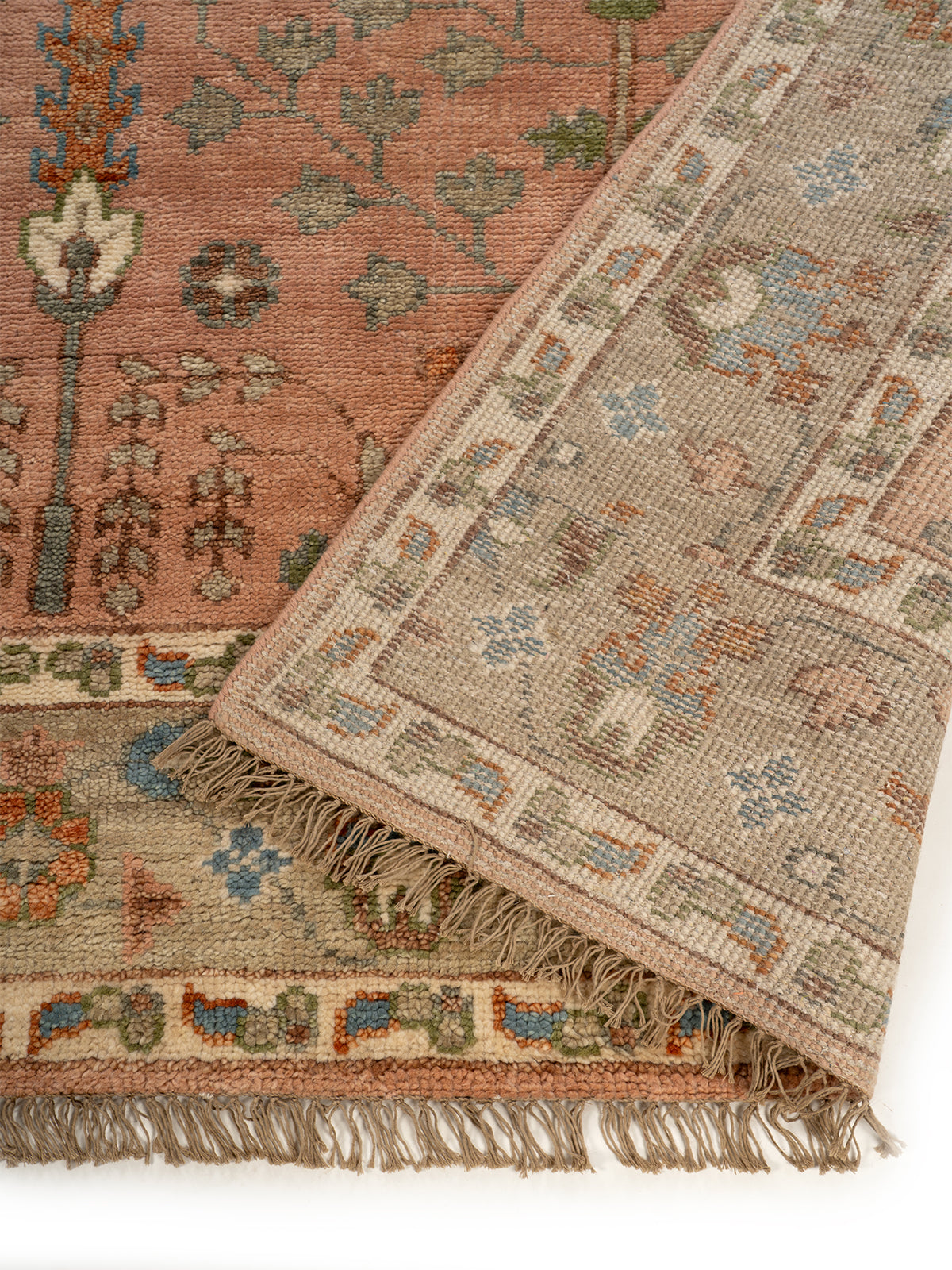 Persian Garden Wool Rug detail of the floral motif in handspun wool cut pile