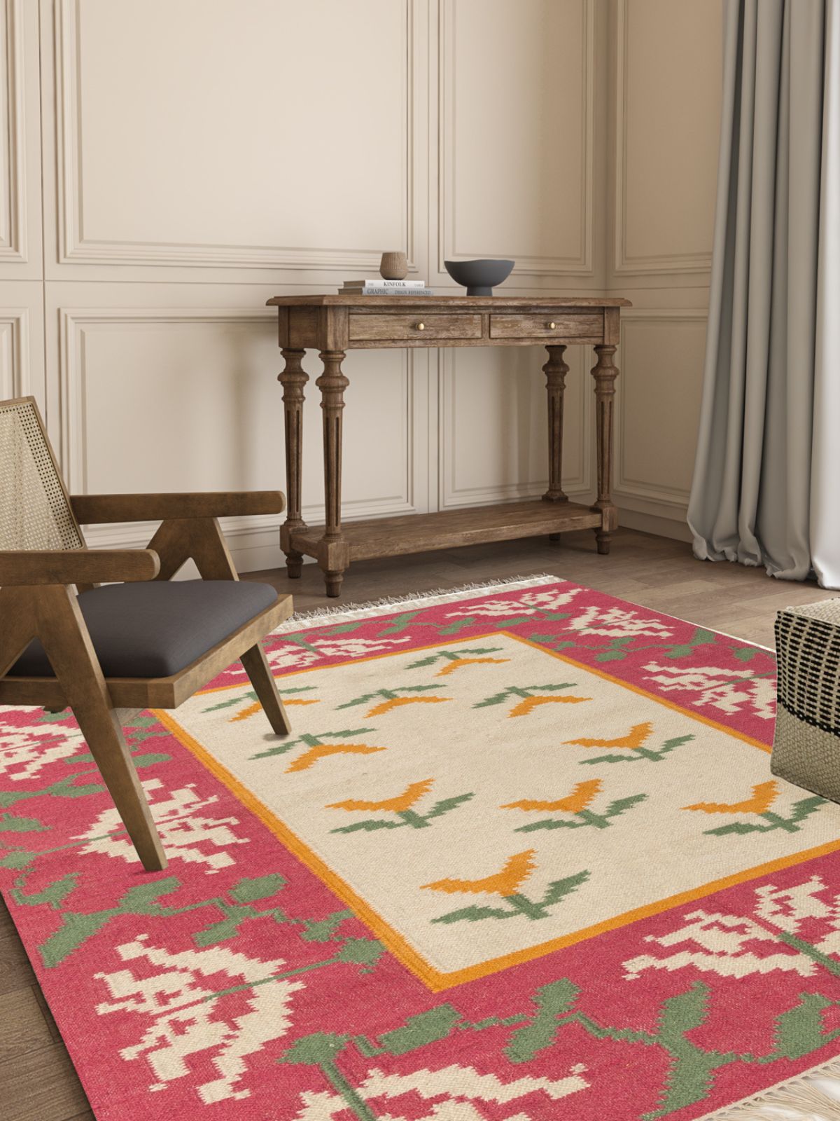 Petal Puzzle Flatweave Rug cotton rug styled in a living room interior