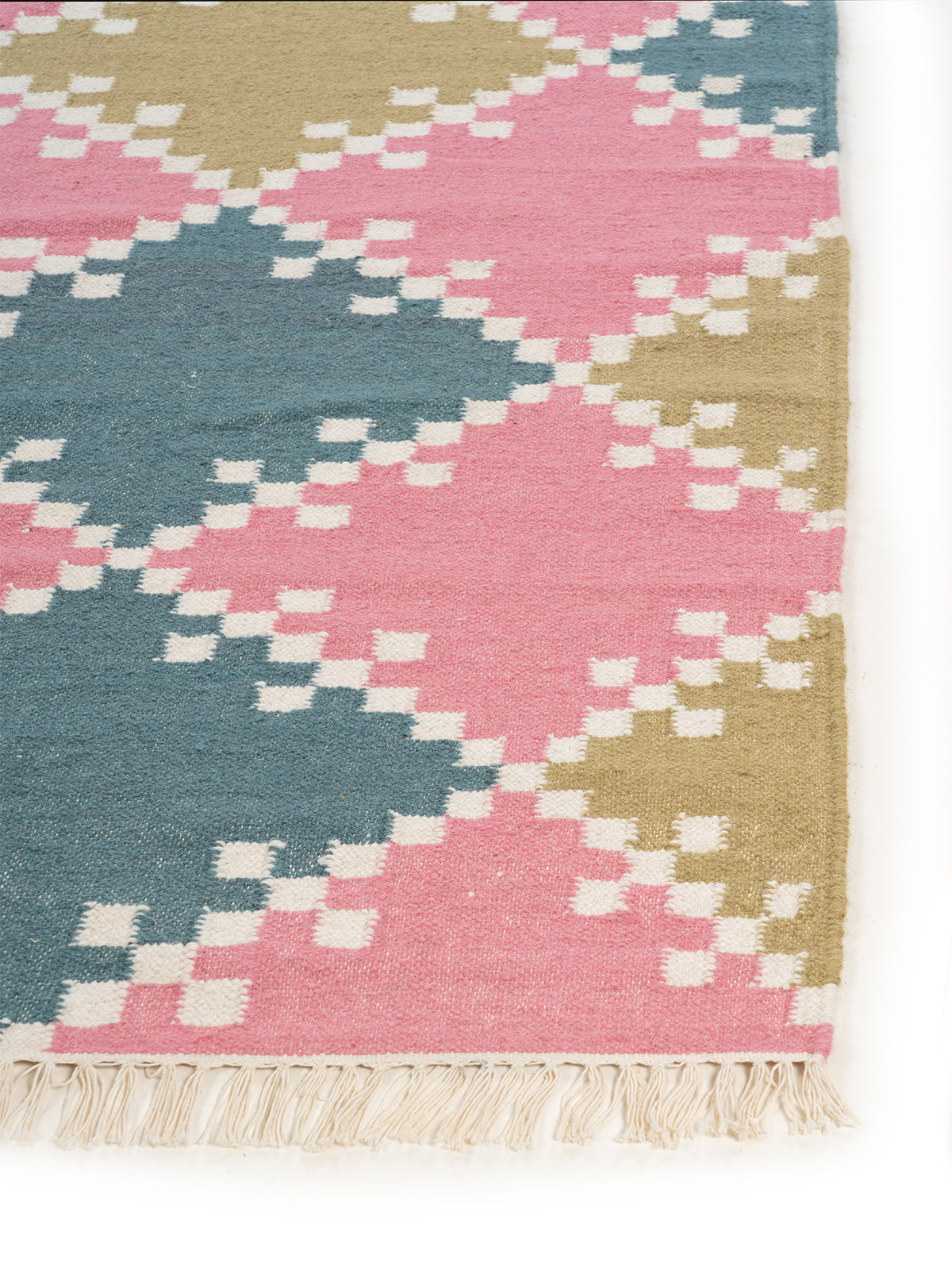 Pixel Diamond Wool Flatweave wool rug styled in a living room interior