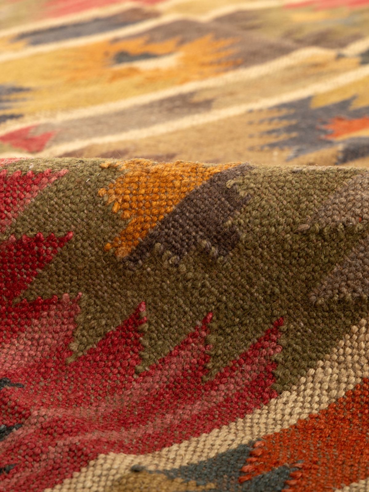 Prism Pinnacle Kilim Rug detail of the geometric pattern in cotton