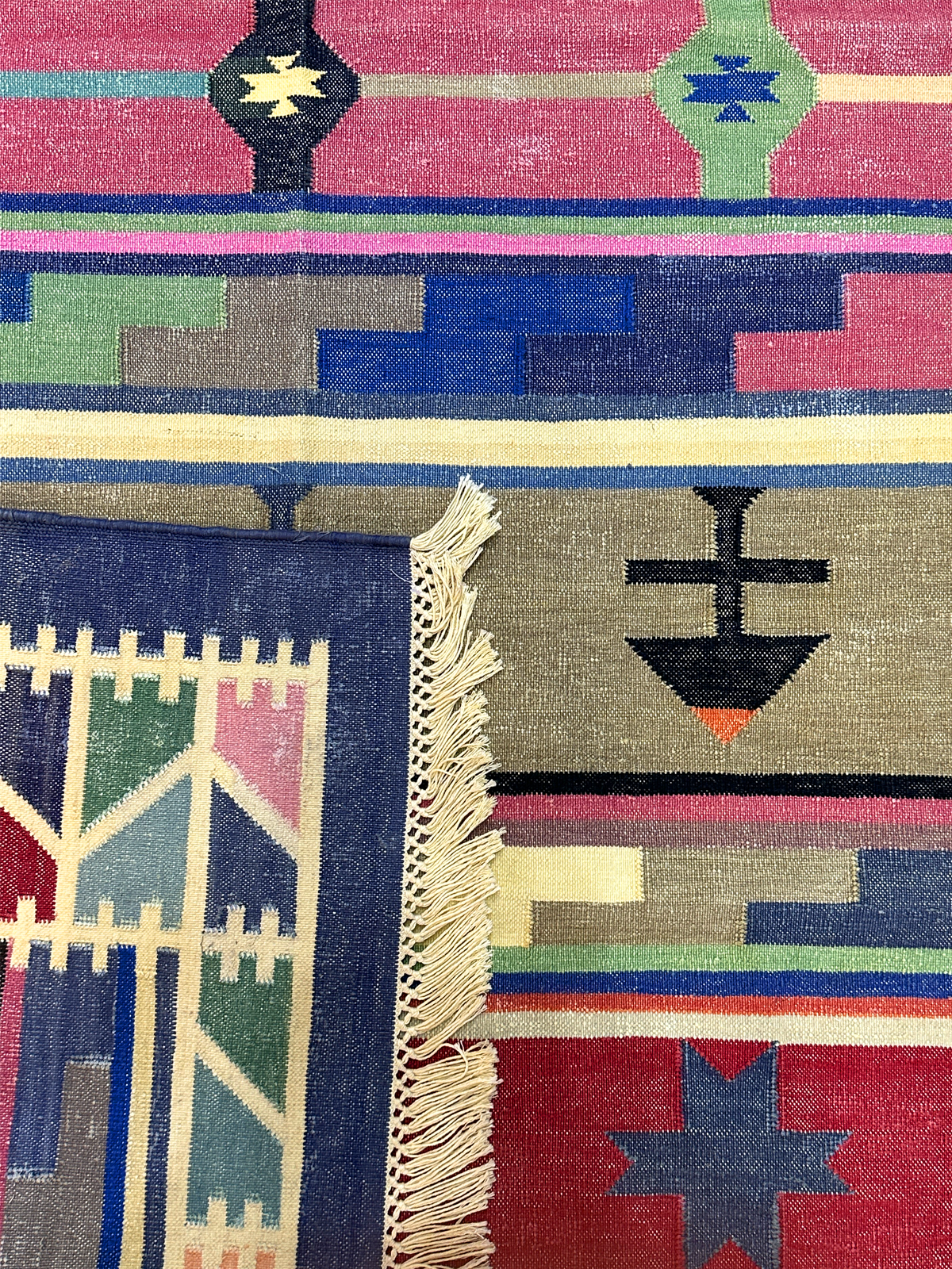 Radiant Vintage Kilim Dhurrie Rug detail showing cotton surface and tribal texture