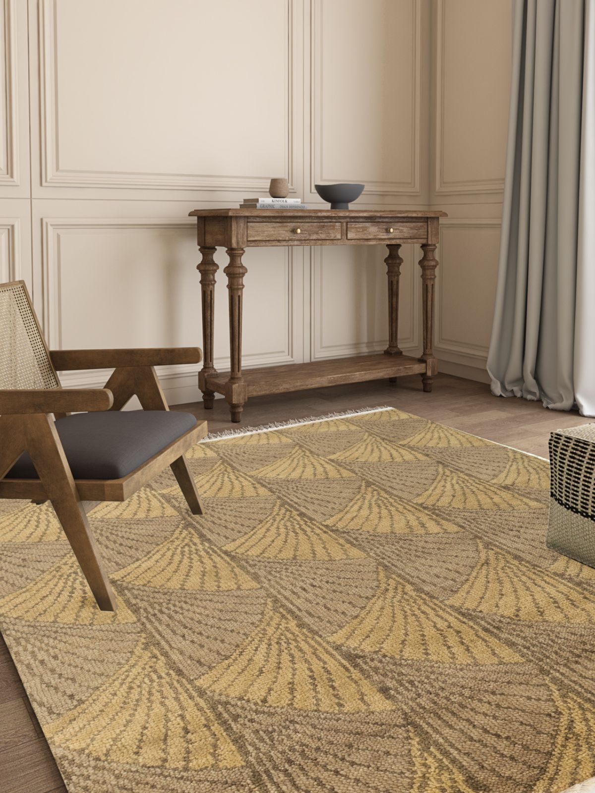 Retro Rustic wool rug styled in a living room interior