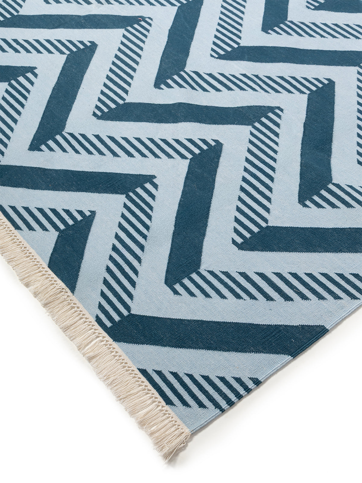 Ridgeway Chevron Rug-Blue close-up showing the cotton weave and geometric motif