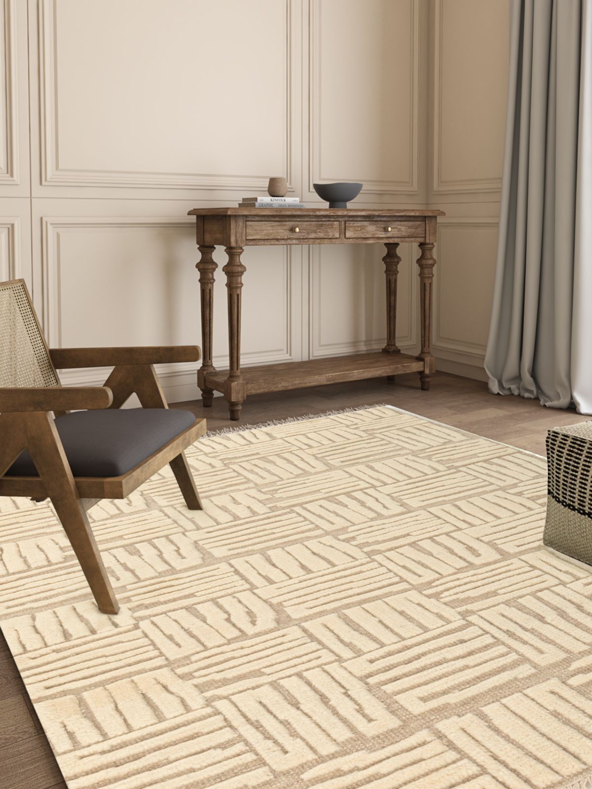 Rocky Ravine Hand-Knotted Rug wool rug styled in a living room interior