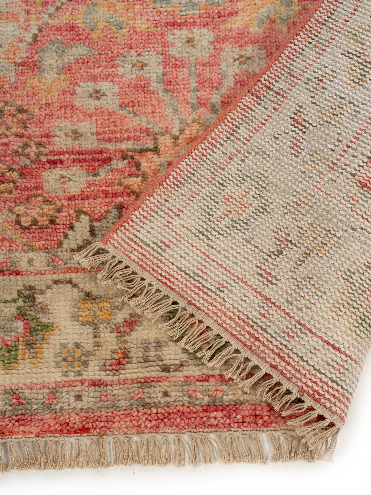 Rose Haven Wool Rug detail of the floral motif in handspun wool cut pile