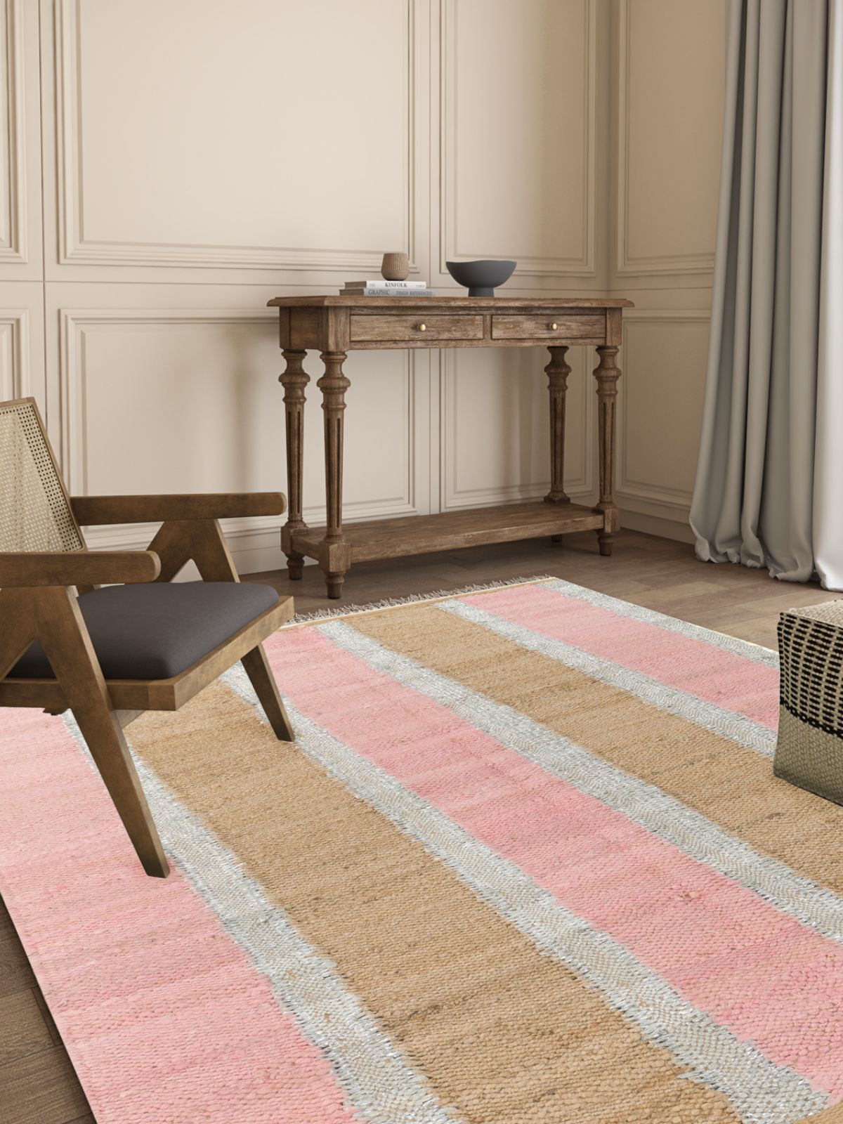 Rosewood Striped Jute Rug jute rug styled in a living room interior