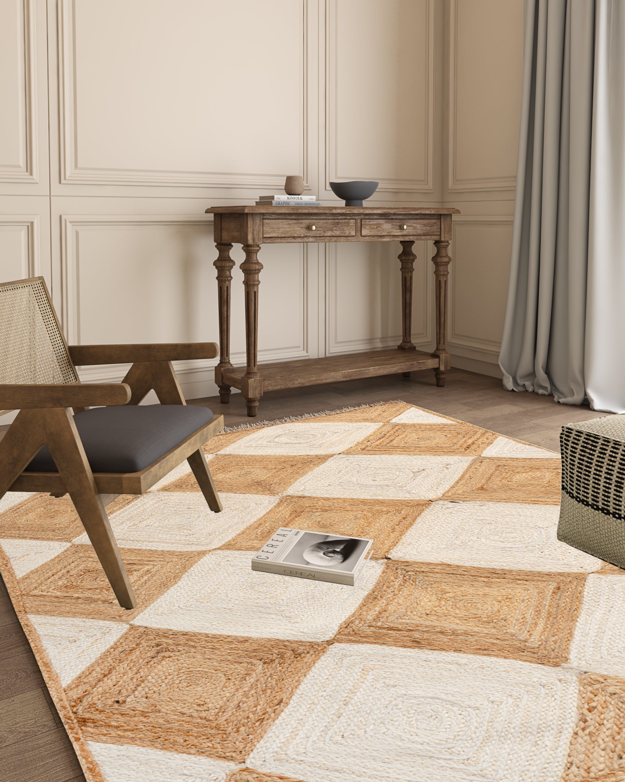 Rosso diamond braided jute rug-White jute rug styled in a living room interior