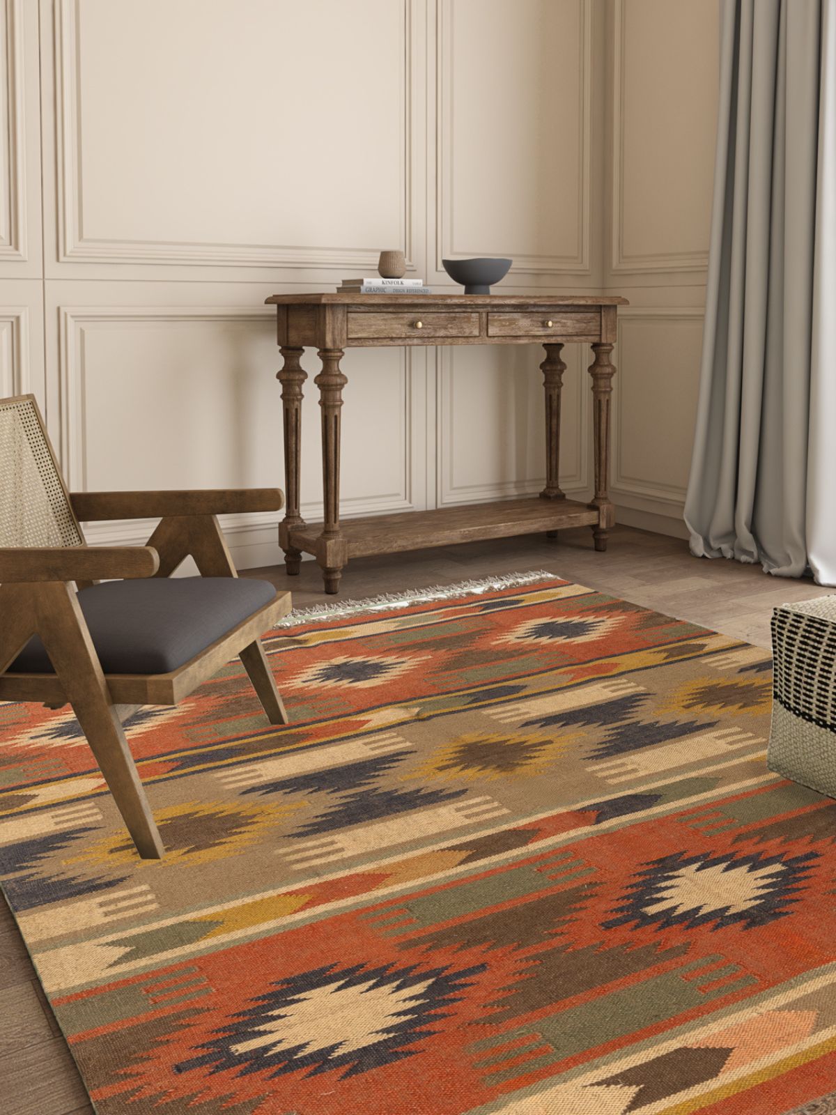 Rustic Brick Kilim Rug cotton rug styled in a living room interior