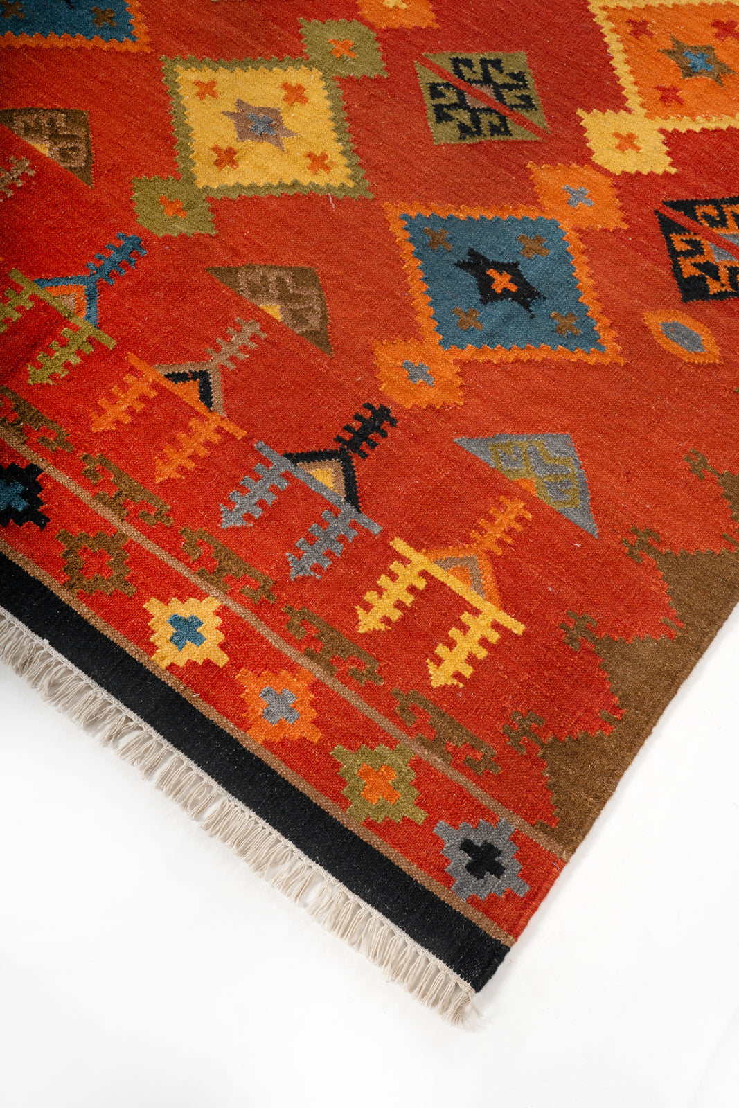 Saffron Horizon Wool Kilim Rug close-up showing the wool weave and striped pattern