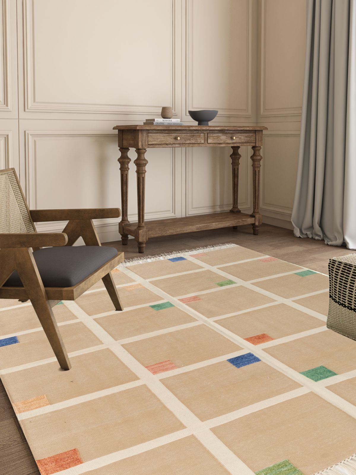 Sandstone Geometry cotton rug styled in a living room interior