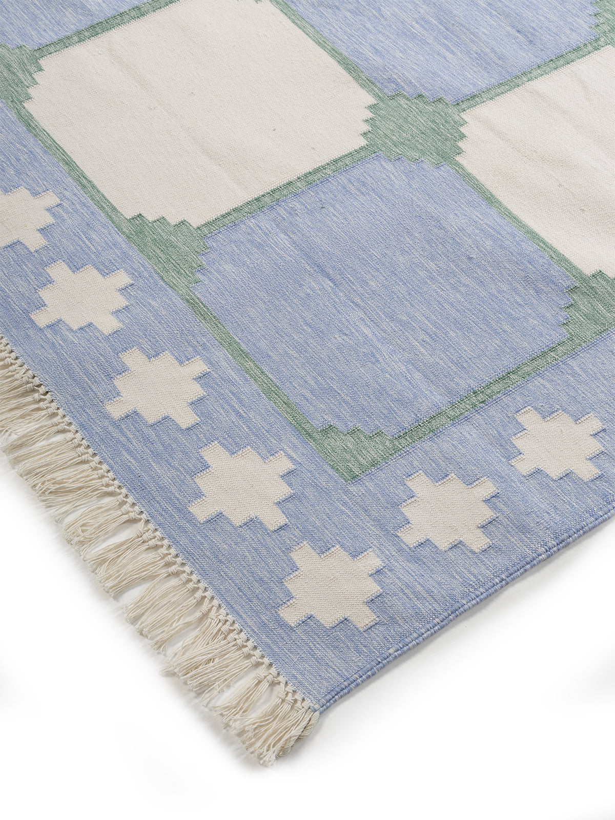 Sapphire Essence Flatweave Rug-Emerald close-up showing the cotton weave and geometric motif