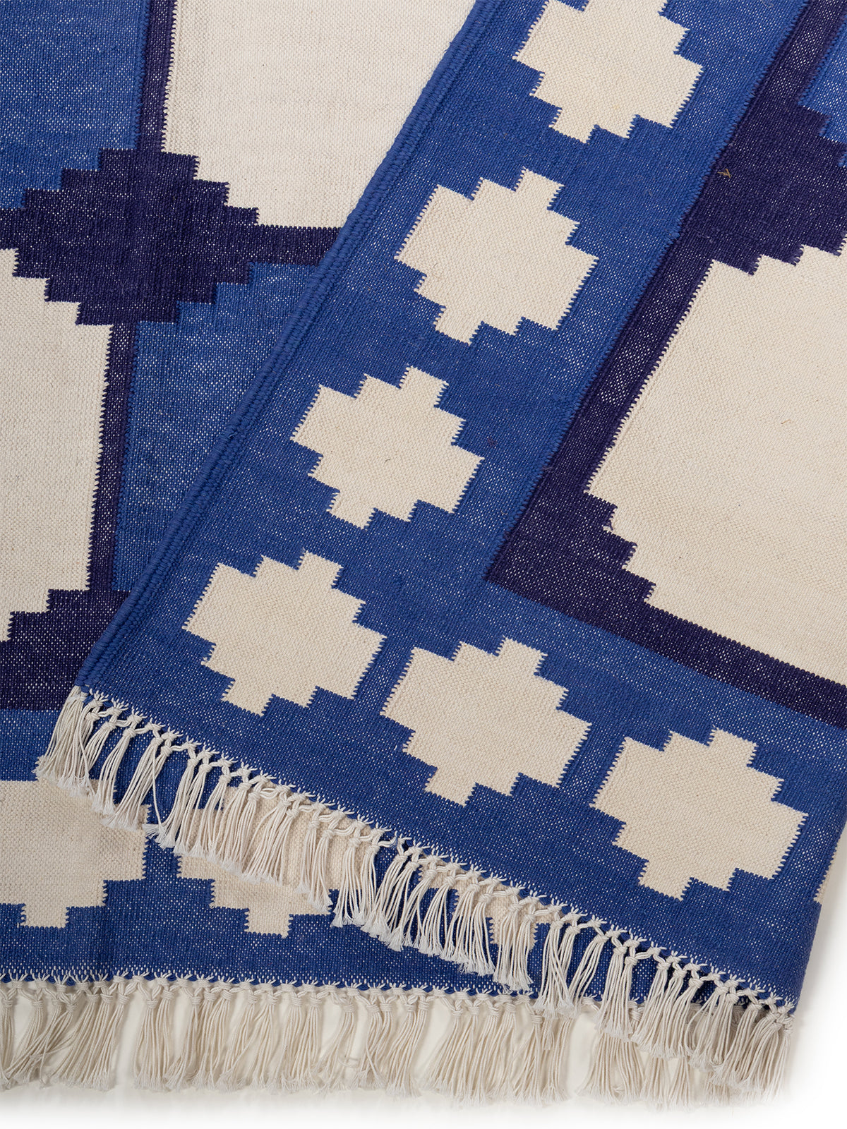 Sapphire Essence Flatweave Rug-Navy detail of the geometric pattern in cotton