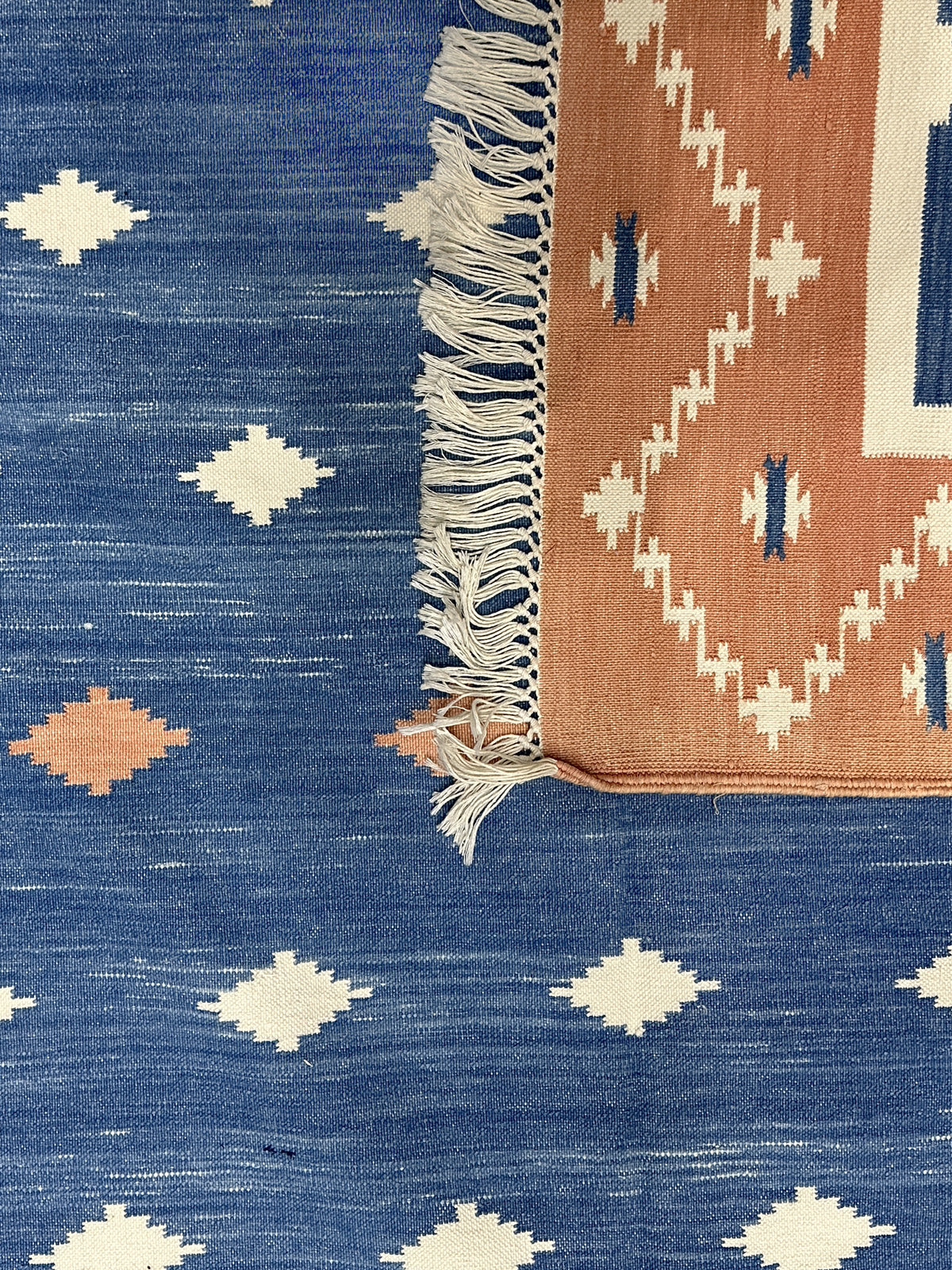 Sapphire Sunset Cotton Flatweave Rug close-up showing the cotton weave and striped pattern