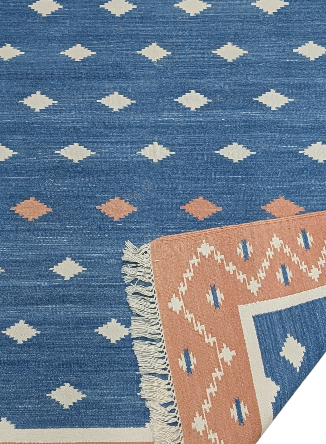Sapphire Sunset Cotton Flatweave Rug detail of the striped cotton surface and edge finishing
