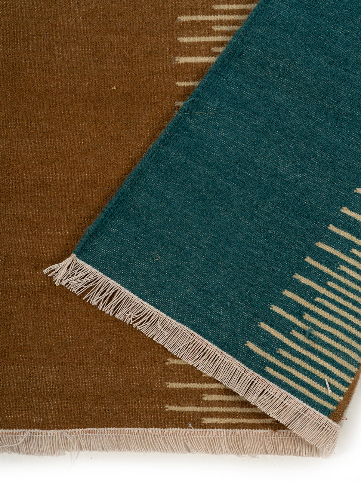 Scandi Colour-Block Runner-Ochre detail showing edge binding and wool finishing of the runner