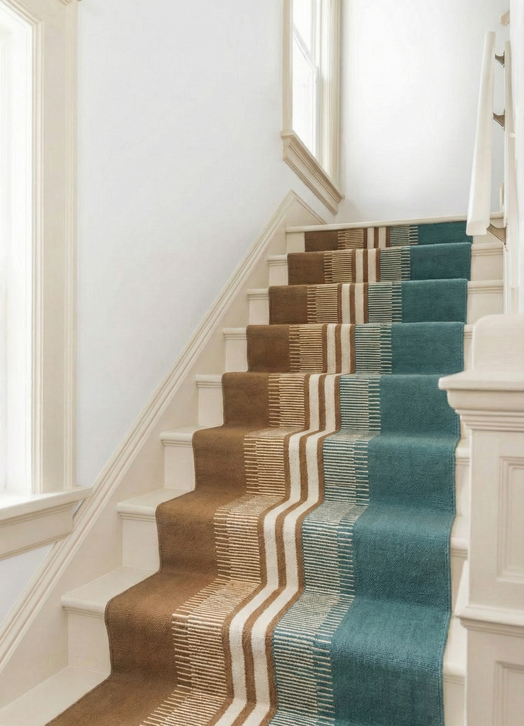 Scandi Colour-Block Runner-Ochre wool stair runner styled on a staircase in a designed interior