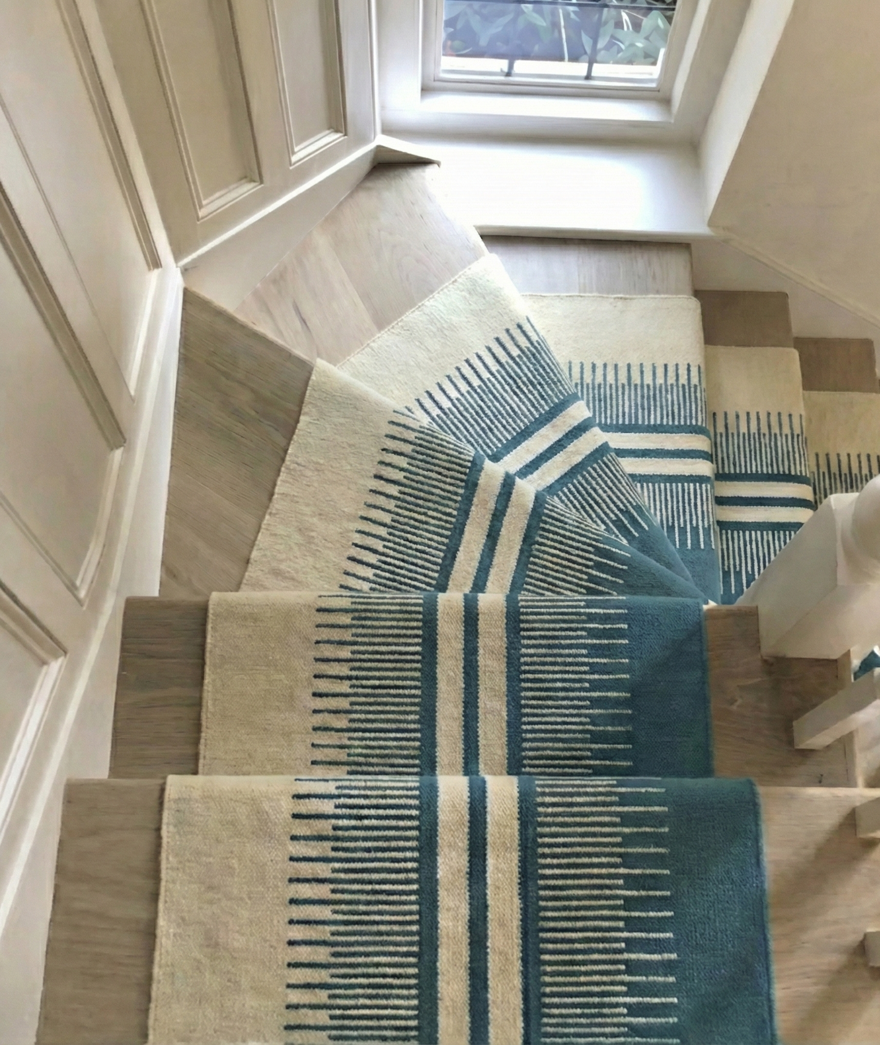 Scandi Colour-Block Runner wool stair runner styled on a staircase in a designed interior