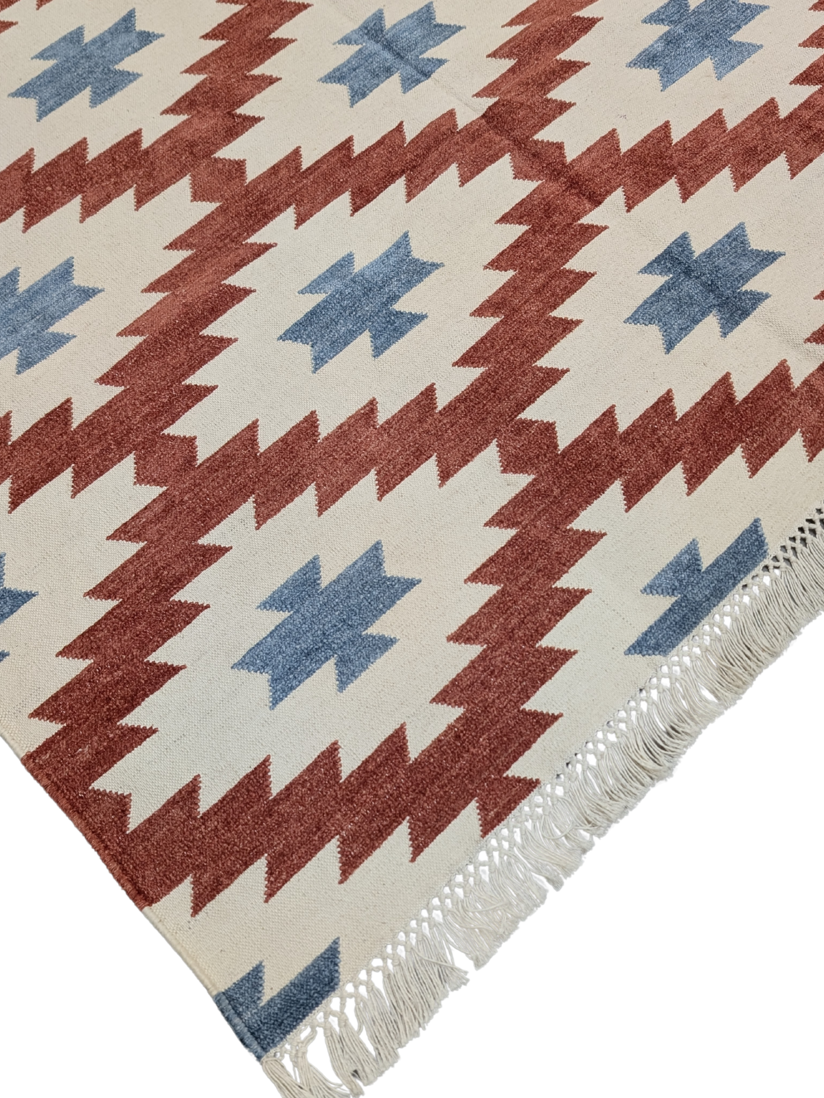 Scarlet & Ocean Kilim Cotton Flatweave Rug close-up showing the cotton weave and traditional motif