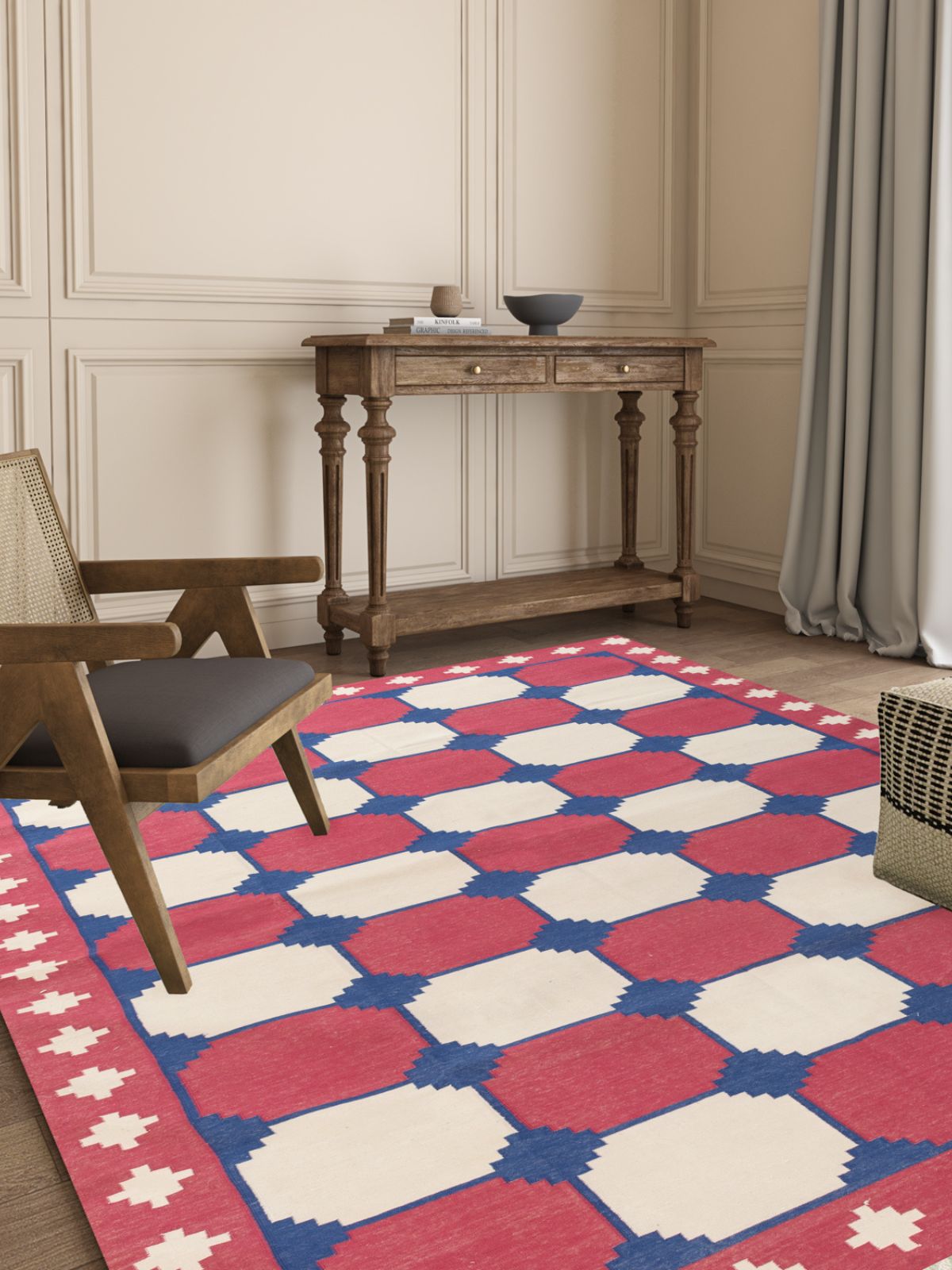 Scarlet Wave Modern Kilim Rug cotton rug styled in a living room interior
