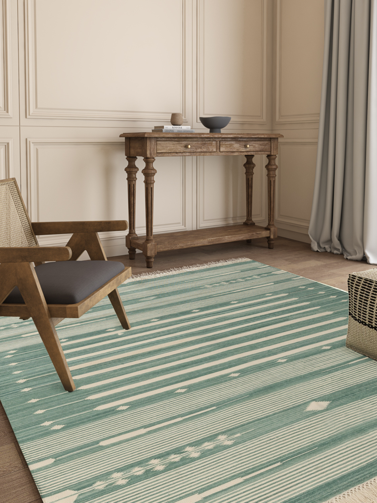 Serenity Stripes Flatweave Rug-Green cotton rug styled in a living room interior