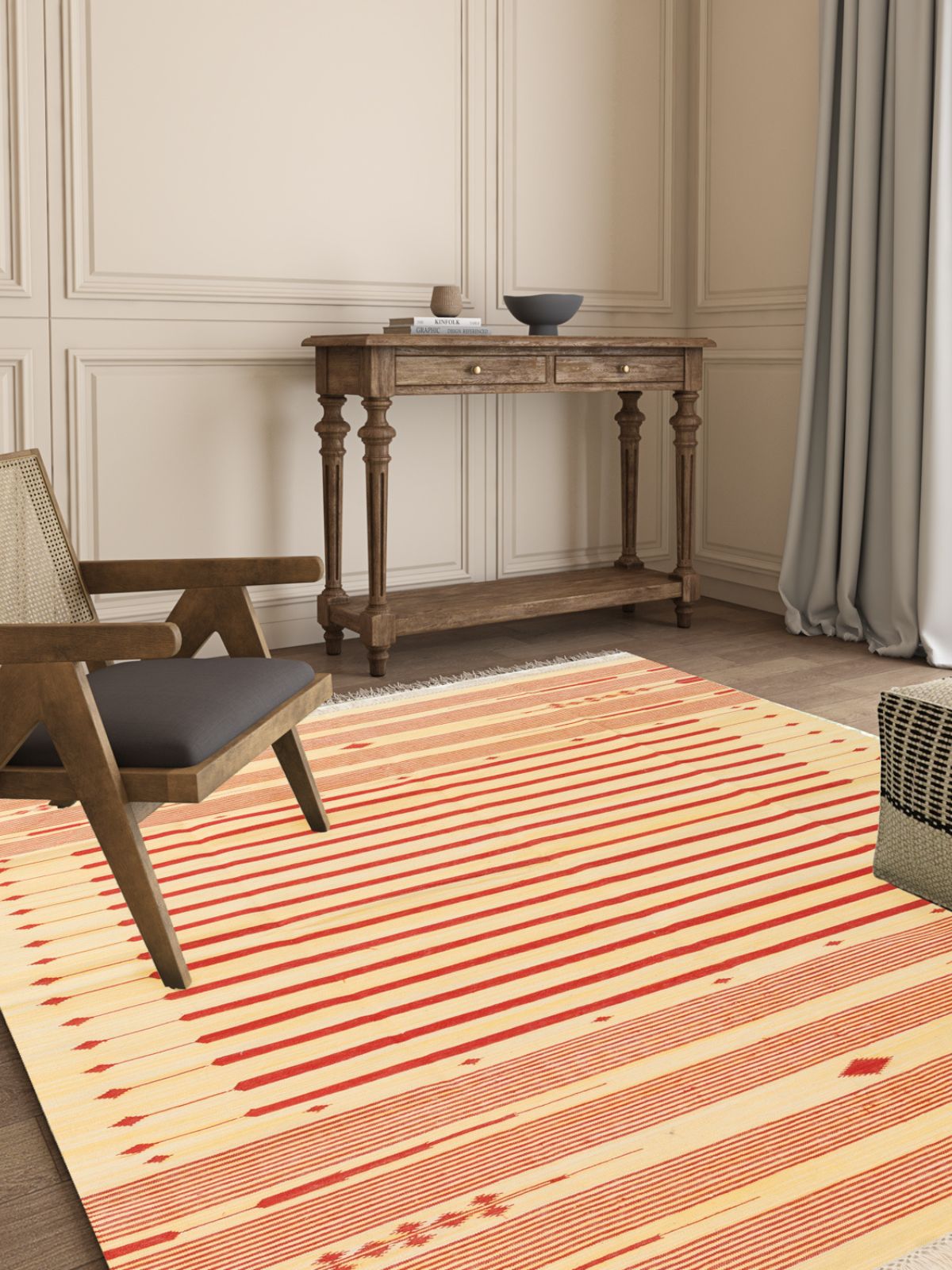 Serenity Stripes Flatweave Rug-Red cotton rug styled in a living room interior